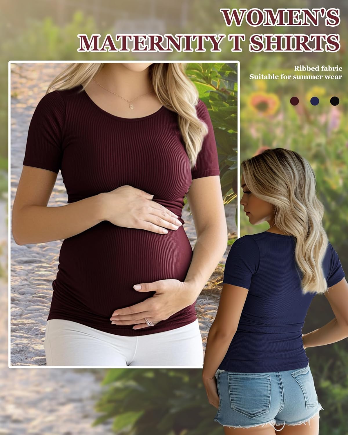 Ficerd 3 Pack Women's Maternity T Shirts, Short Sleeve Cotton Pregnancy Tops Crew Neck Ribbed Knit Side Ruched Mama Clothes - Image 2