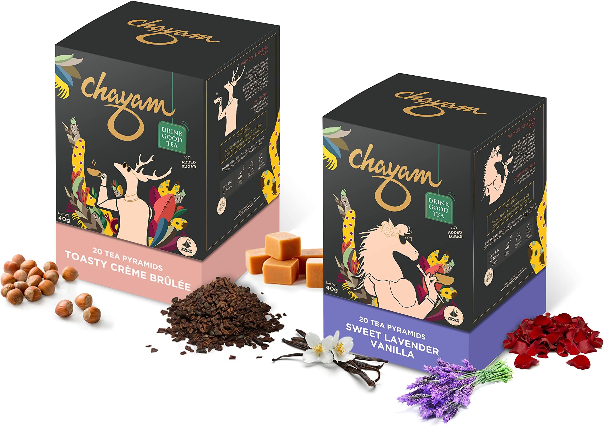 CHAYAM Dessert Tea Combo | Caramel Tea with Hazelnut and Cocoa Nibs, 20 Tea Bags, 40g |Sweet Lavender Tea with Vanilla, 20 Tea Bags, 40g | Total 40 Tea Bags, 80g | 100% Whole Leaf Tea