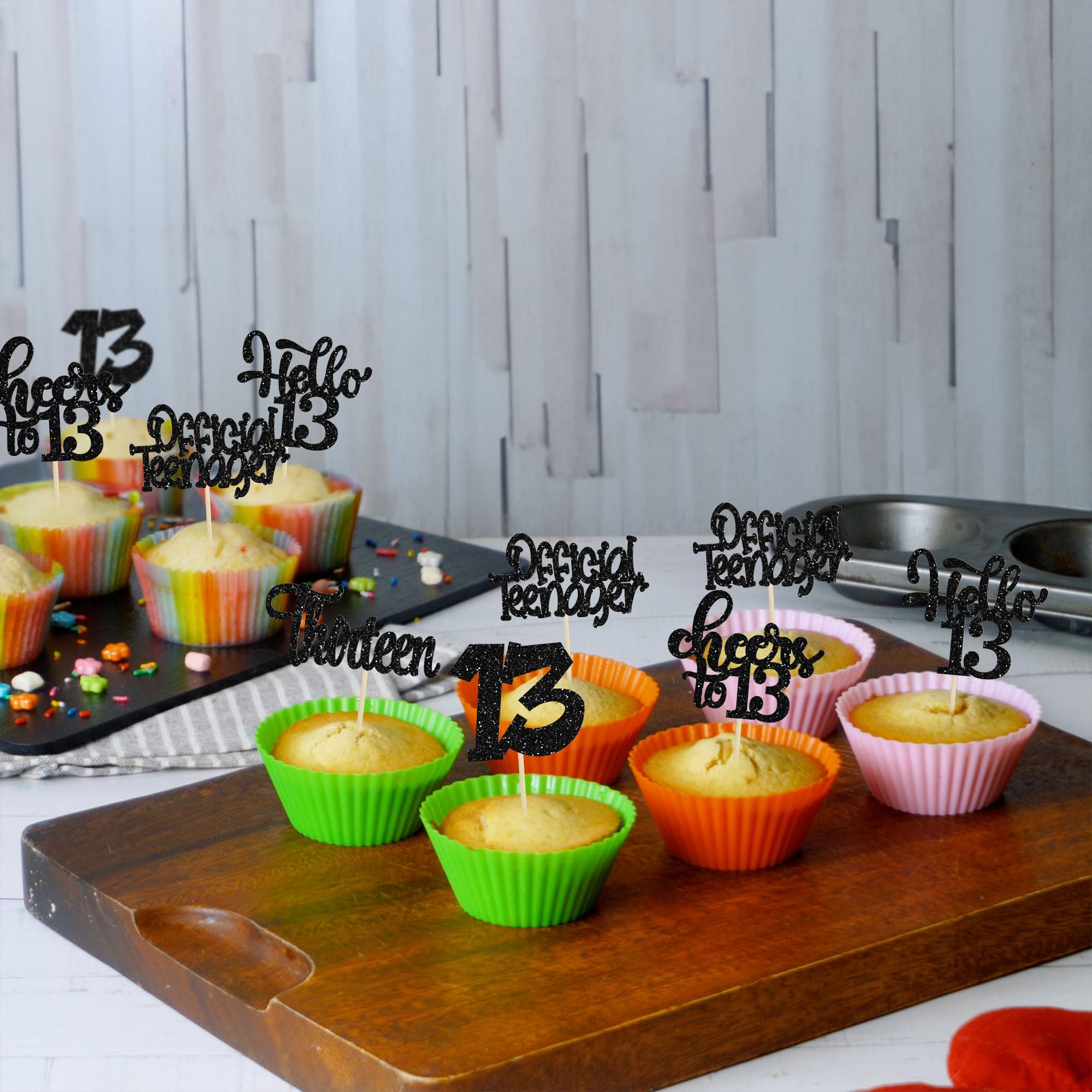 30 decorazioni per torte per 13° compleanno, con brillantini, Hello 13 Cheers to 13 cupcake toppers ufficiali, teenager Thirteen, decorazione per torte per il 13° compleanno, anniversario, festa