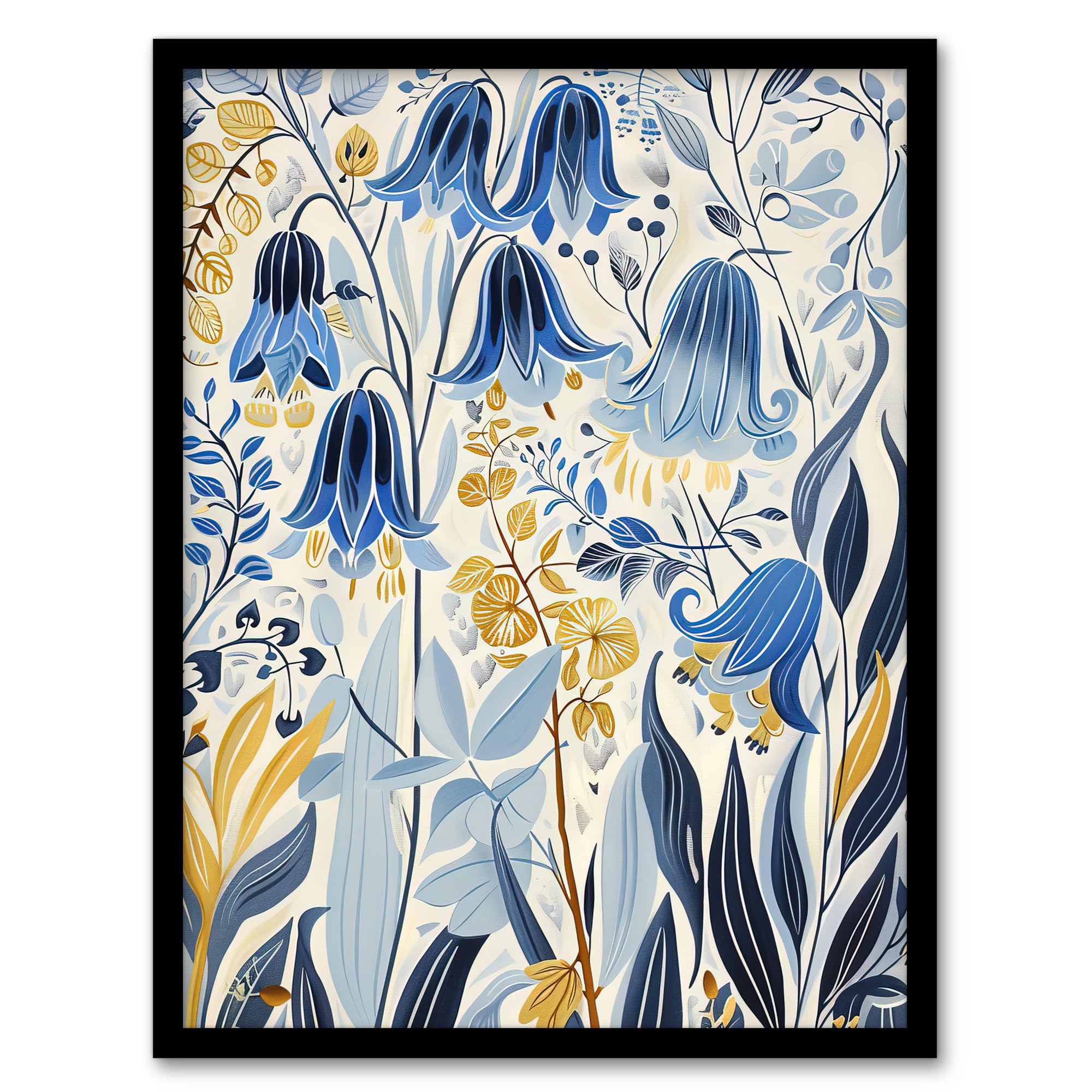 Artery8 Bluebells in Bloom Botanical Painting Ochre Blue Living Room Artwork Framed Wall Art Print A4