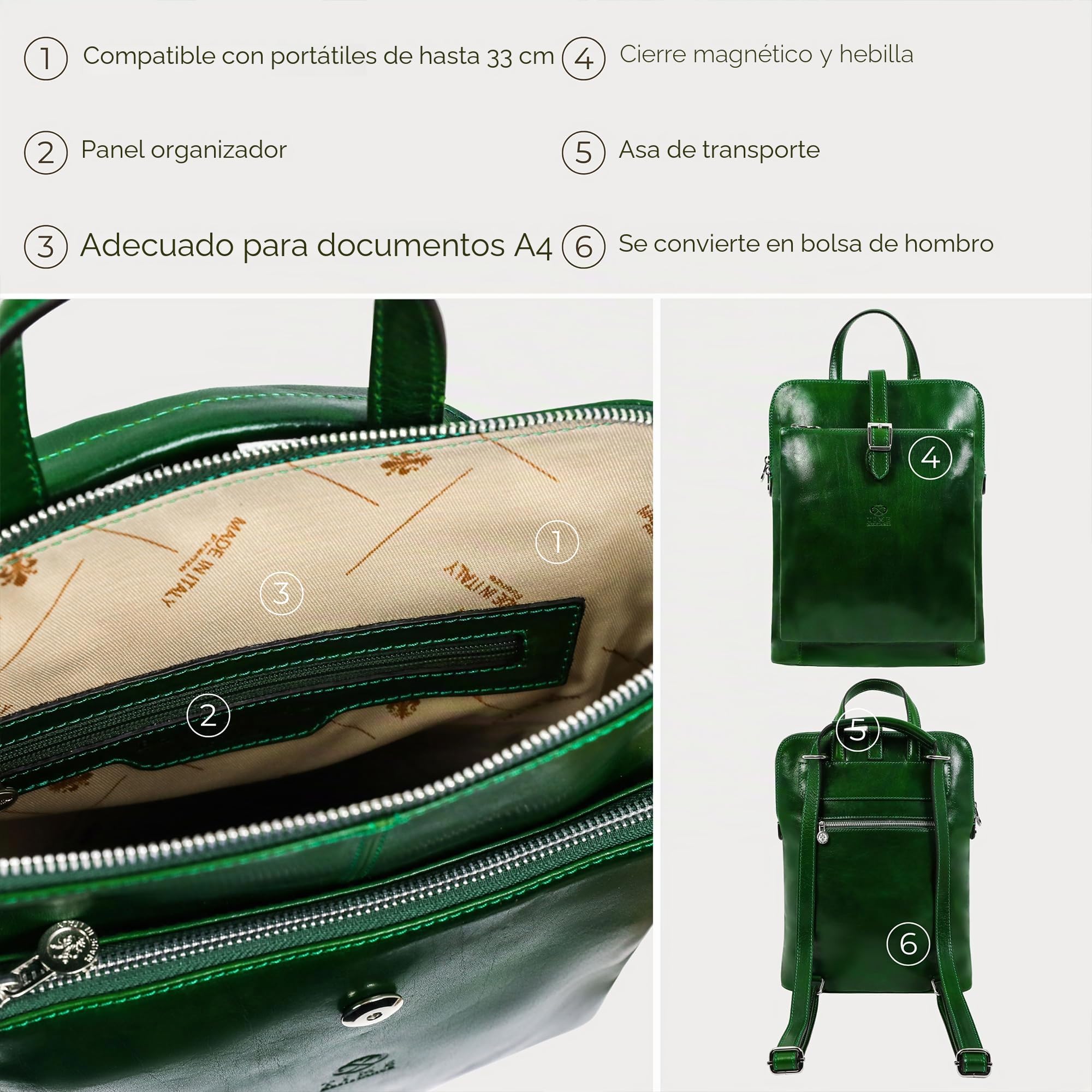Time Resistance Mochila para Mujer y Hombre Convertible en Bolso de Hombro - Bolso Casual para el Trabajo, Colegio o Universidad - Piel de Grano Entero y Correas Ajustables