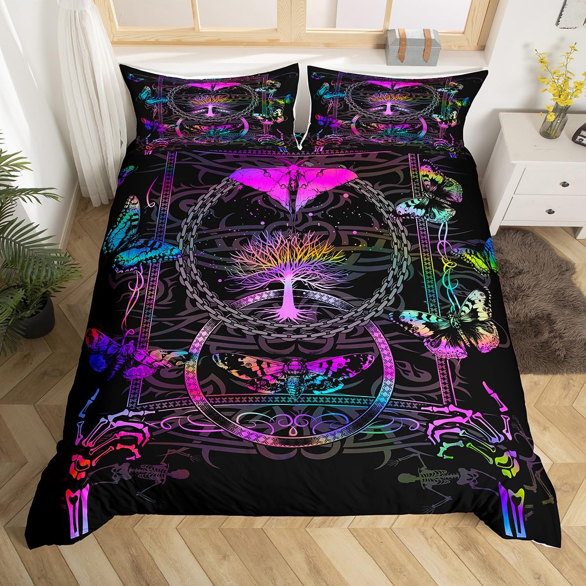 Boho Moth Bedding Set King Size,Skeleton Skull Gothic Duvet Cover Set for Kid Teen Boys Girls,Butterflies Trees Comforter Cover Decorative Room,Mysterious Neon Gradient Quilt Cover with 2 Pillowcases