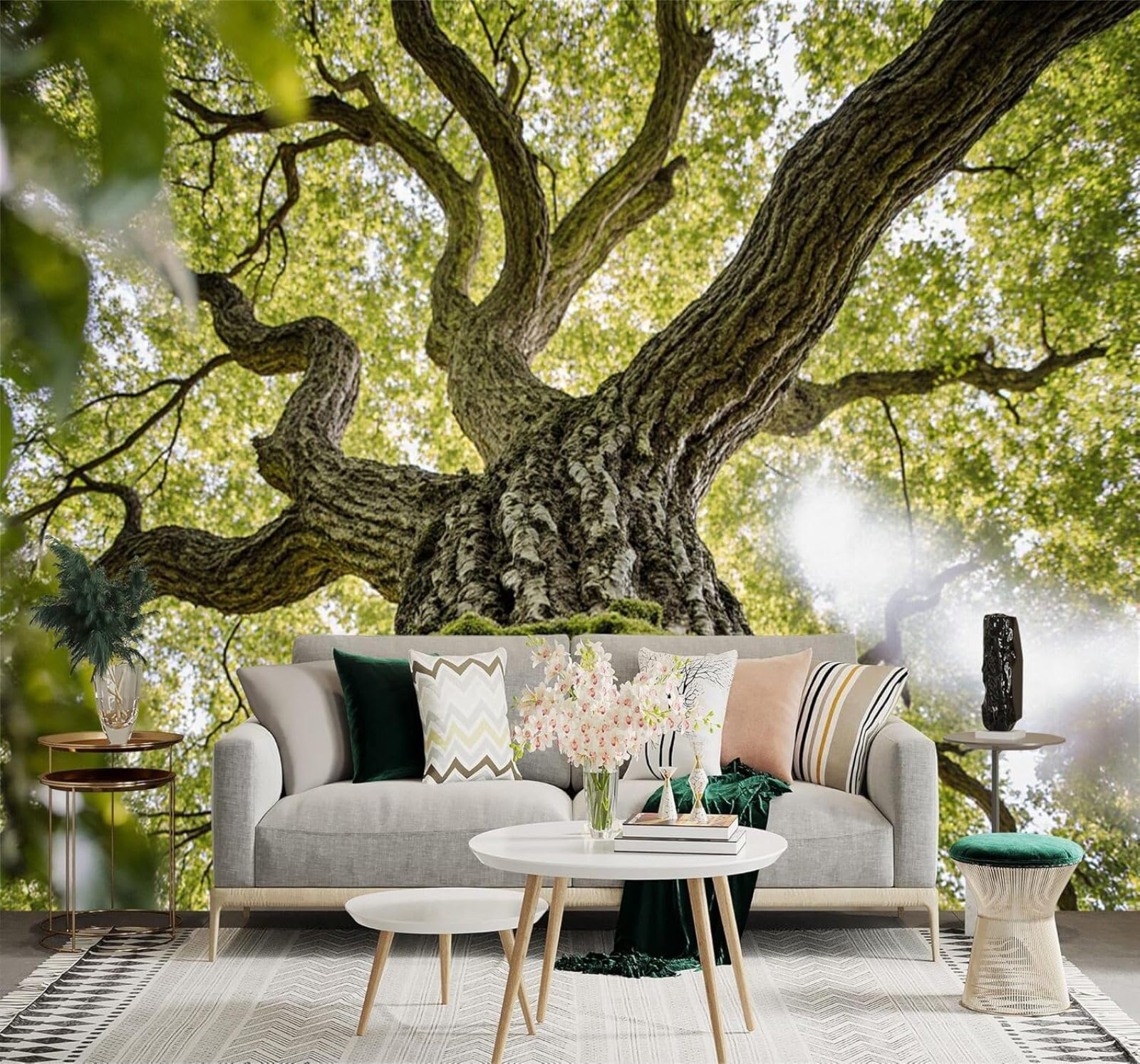 Xlming 400Cm×280Cm(B×H) Fresh Large Moss Covered Tree Trunk Sunlight Green Canopy 3D Wallpaper Silky Texture Home Study Office Grey Dining Room Sofa Bedroom Living Room Tv Backdrop-400Cm×280Cm