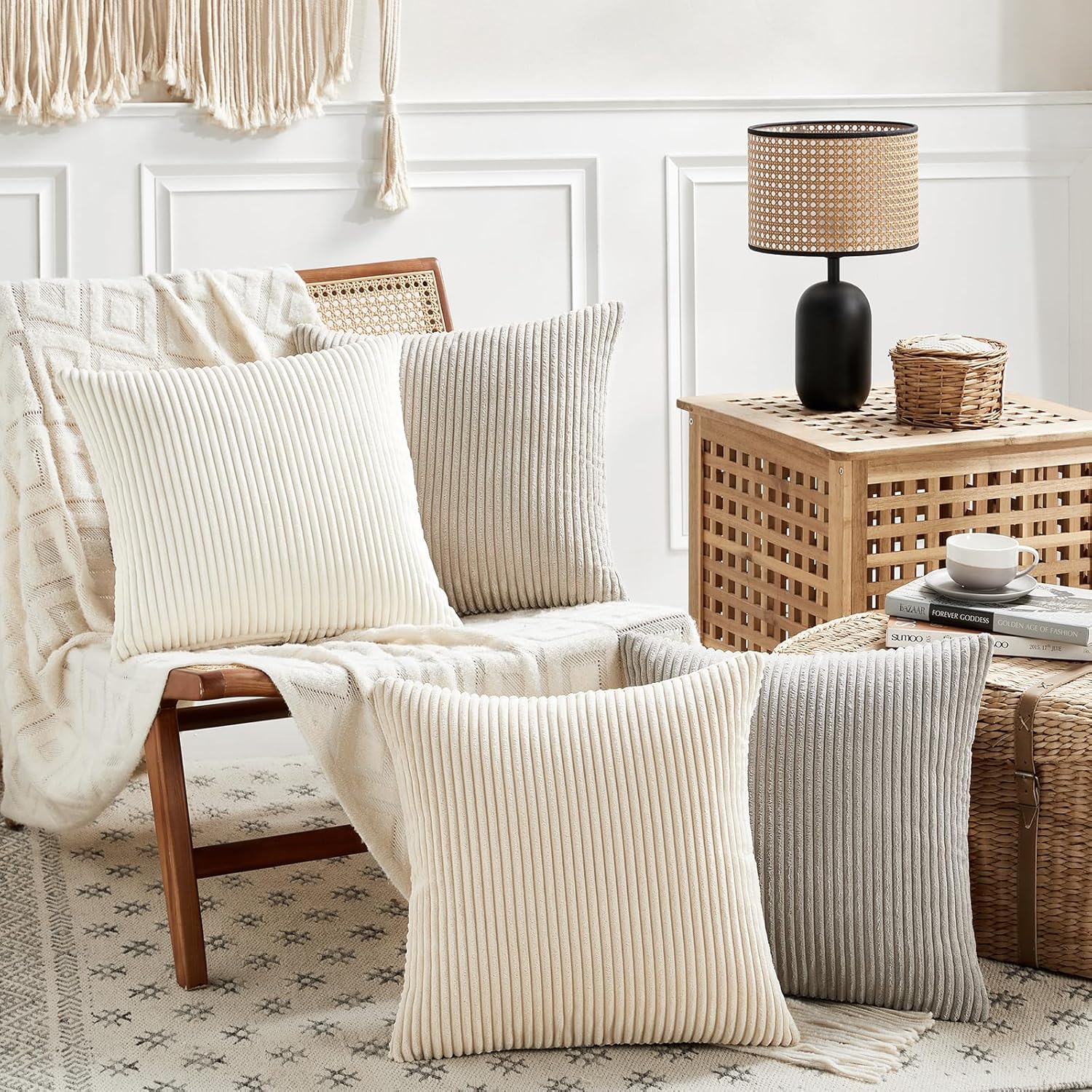 Fancy Homi Set of 4 Neutral Decorative Throw Pillow Covers 20x20 Inch for Couch Bed Sofa Bedroom, Modern Farmhouse Boho Home Decor, Soft Fluffy Striped Corduroy Cute Aesthetic Cushion Case 50x50 cm