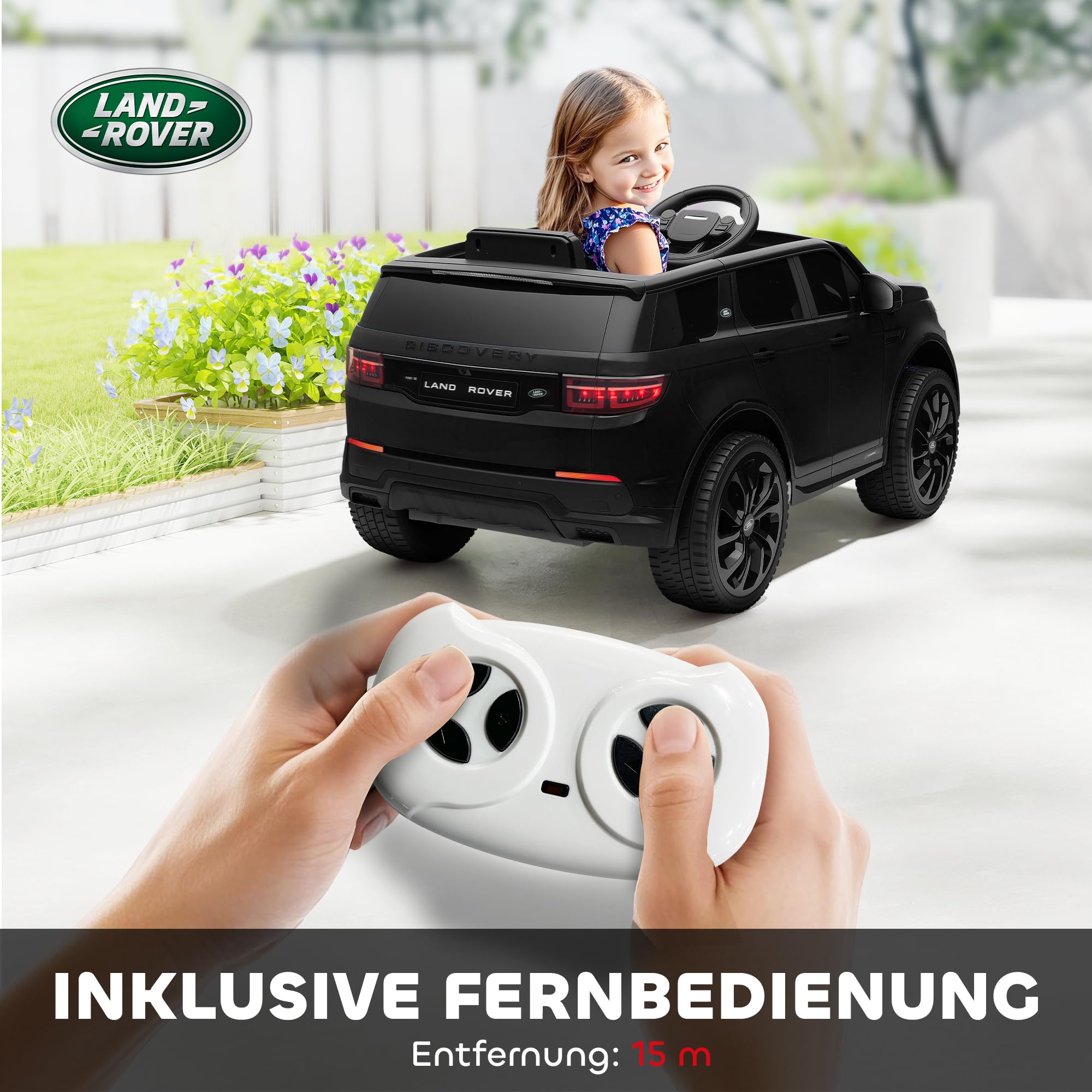 AIYAPLAY Land Rover Discovery Sport Kinderauto 12V für Kinder 3-6 Schwarz | Kinder Elektroauto, 2,4G Fernbedienung, Musik, Hupe, Elektrofahrzeug mit LED-Lichtern, USB/MP3-Anschluss, 3-5 km/h