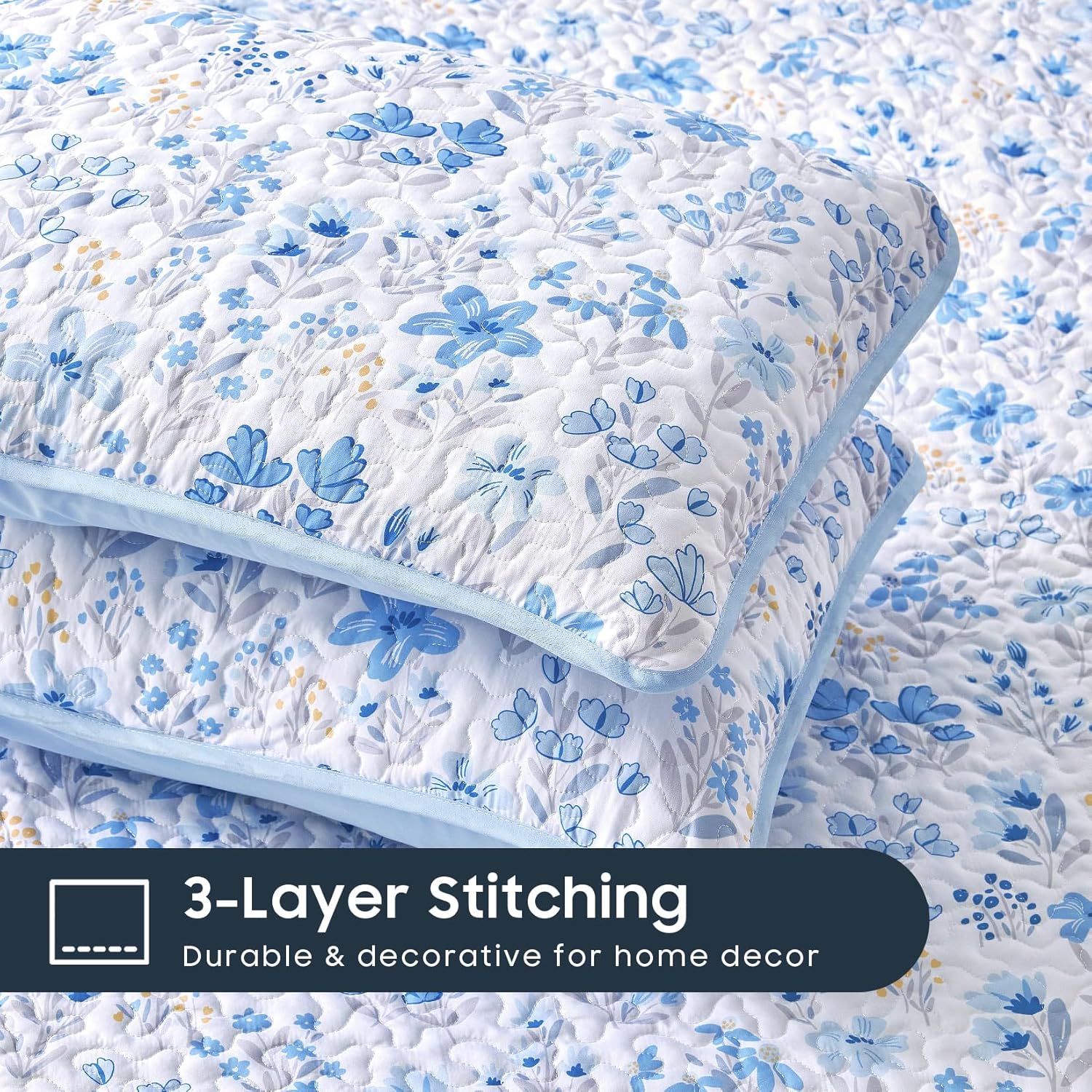 Wake In Cloud - Floral Quilt Set, Coquette Cottagecore Shabby Chic Flower for Women Teen Girls, Reversible Lightweight Bedspread Coverlet, 3 Pieces, Blue White, Twin/Twin XL Size - Image 6