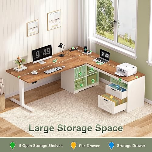 Miniatura 6 de Escritorio de pie en forma de L de granja, escritorio eléctrico de pie de esquina de 66 pulgadas con cajones y estantes de almacenamiento