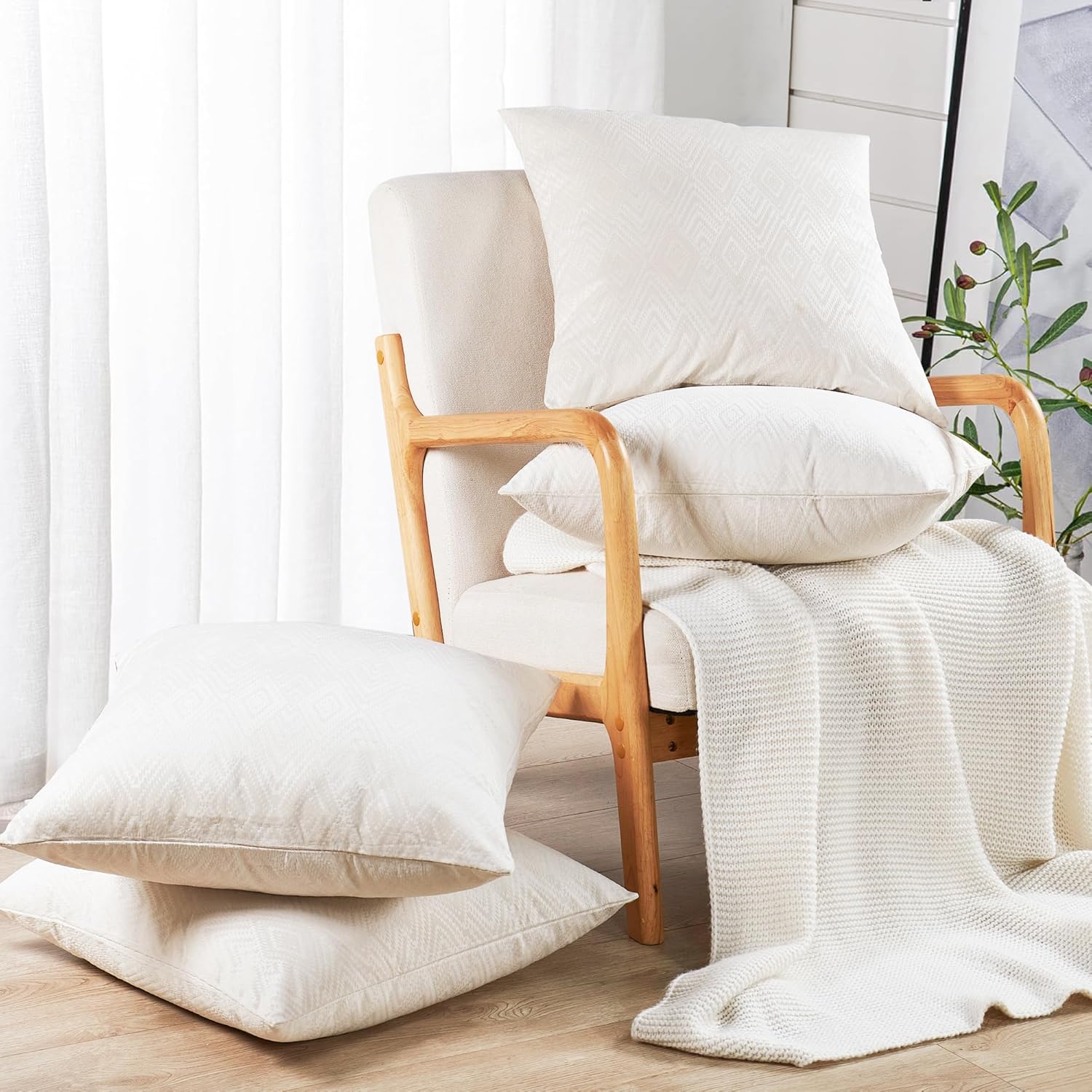 Home Soft Things Ikat Velvet Throw Pillow Covers 4 Pieces, 20'' x 20'', Gardenia, Decorative Square Solid Pillowcase Boho Modern Couch Pillow Covers