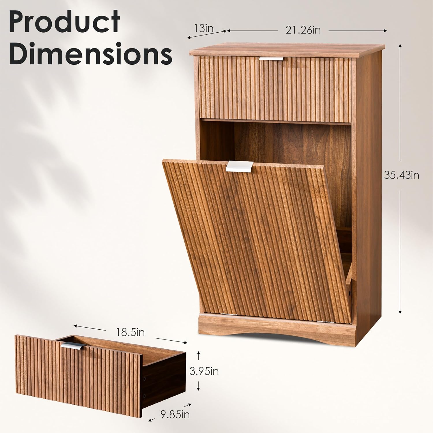 Zamildon's Single Tilt Out Trash Cabinet Freestanding, 1x10 Gallon Fluted Hidden Laundry Hamper Cabinet with Drawers, Garbage Can Holder for Kitchen, Bathroom (Walnut Brown, 1 x 10-Gallon)