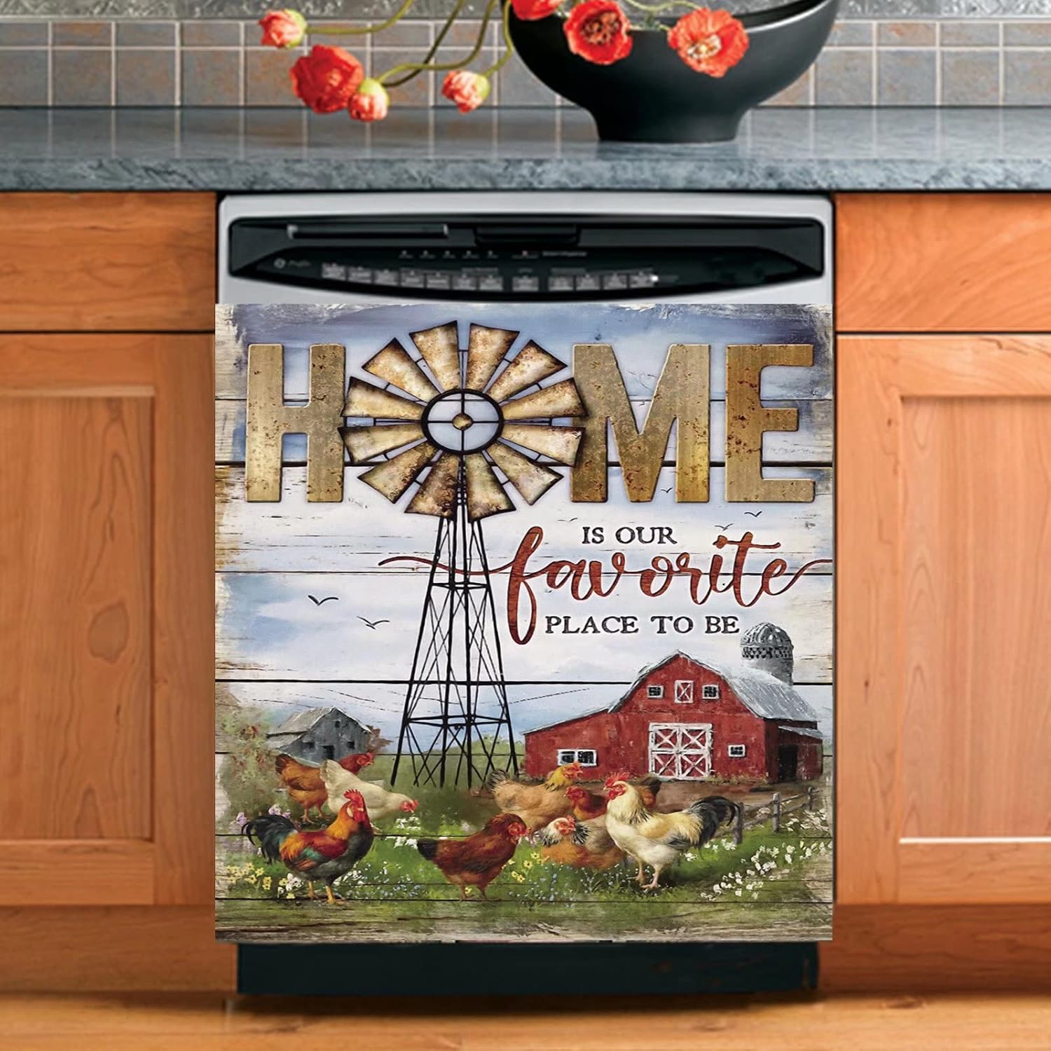 Farmhouse Dishwasher Magnet Decorative,Country Chicken Dishwasher Cover for Front,Farm Windmill Decal Fridge Magnetic Refrigerator Door Decor,Rooster Appliance Stickers 23"x26"