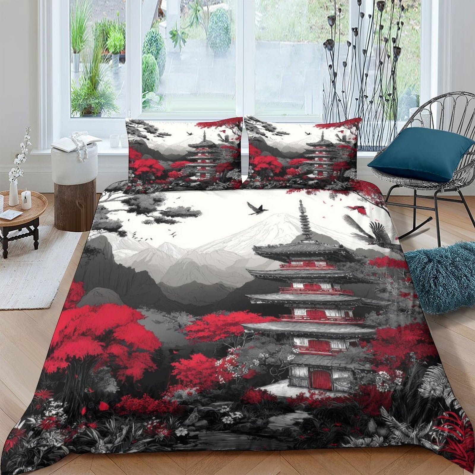 Ctjqhvkz Style-2 3D Printed Japanese Pagoda Fitted Sheet Microfiber Black Red Landscape Bed Cover Anti-Slip Easy Care For Bedroom Guest Room Single（135X200cm）