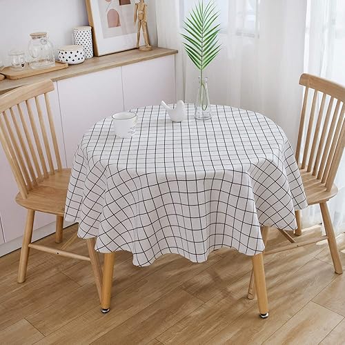 Miniatura 2 de Bringsine Mantel Mantel de lino de algodón para cocina, comedor, restaurante, decoración de fiesta (redondo, 60 pulgadas, cuadros blancos)