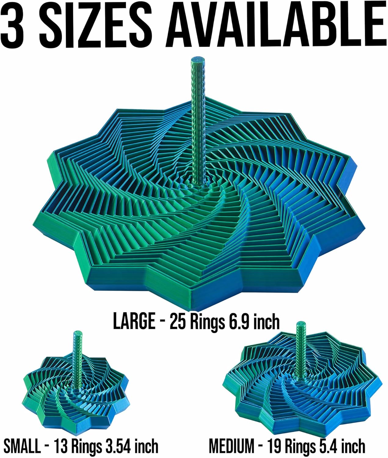 3D Printed Expanded Sensory Star with Handle, Custom Dual/Tri/Quad-Color Printing,Dual Motion Hypnotic Spiral for ADHD Focus & Stress Relief,Office Desktop Fidget Toy (Blue-Green, L-25 Rings)