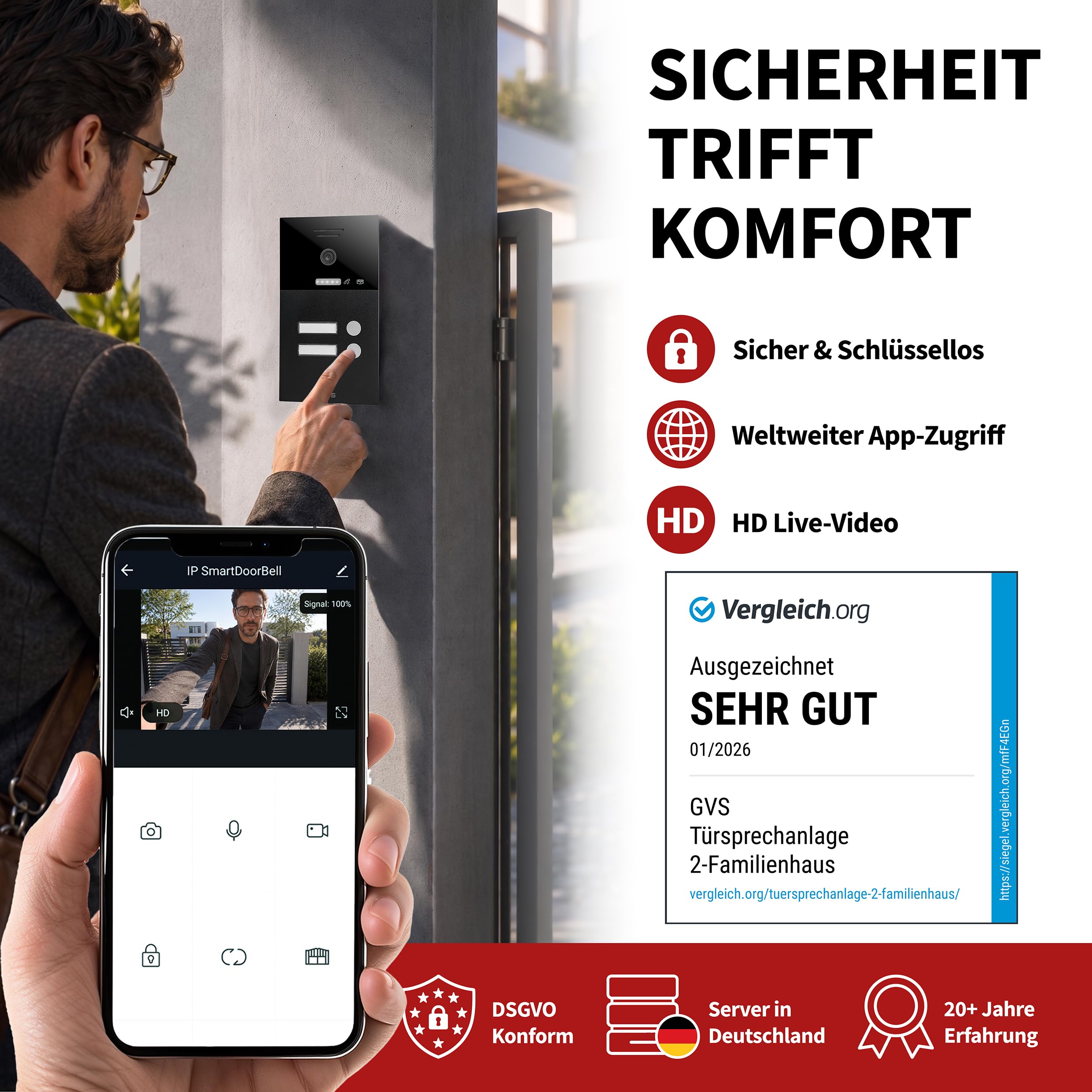 GVS Video Türsprechanlage 2-Familienhaus - 3X 7 Zoll Monitor | Smarte Video Türklingel mit Kamera und Monitor - Gegensprechanlage mit Türöffner (AVS1289A)