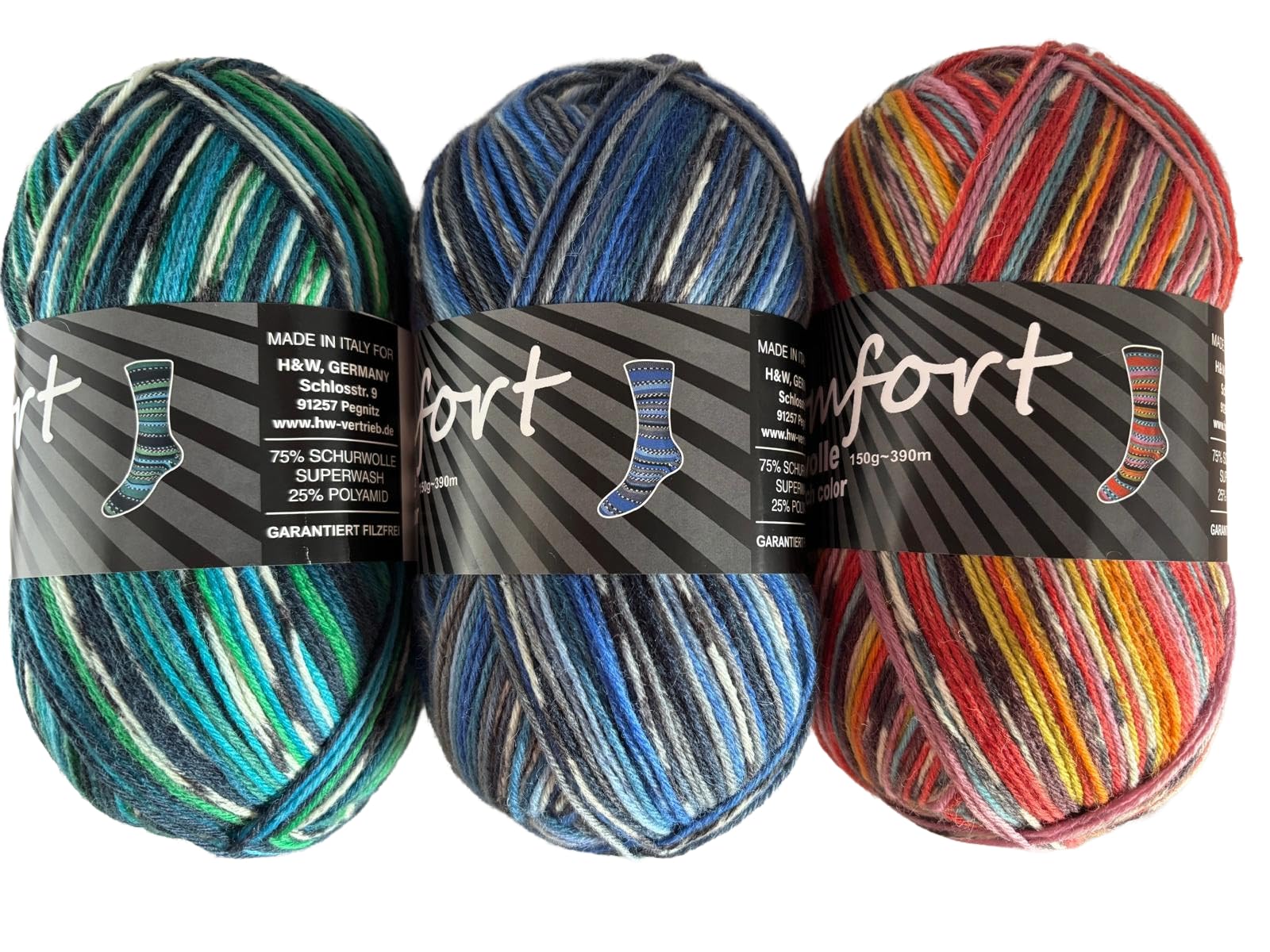 Sockenwolle Strumpfwolle Comfort Color 3x150gr 6-fädig Color 150gr 375m/LL 600gr für besonders warme Füße Set Bunt (Set 1-3 )