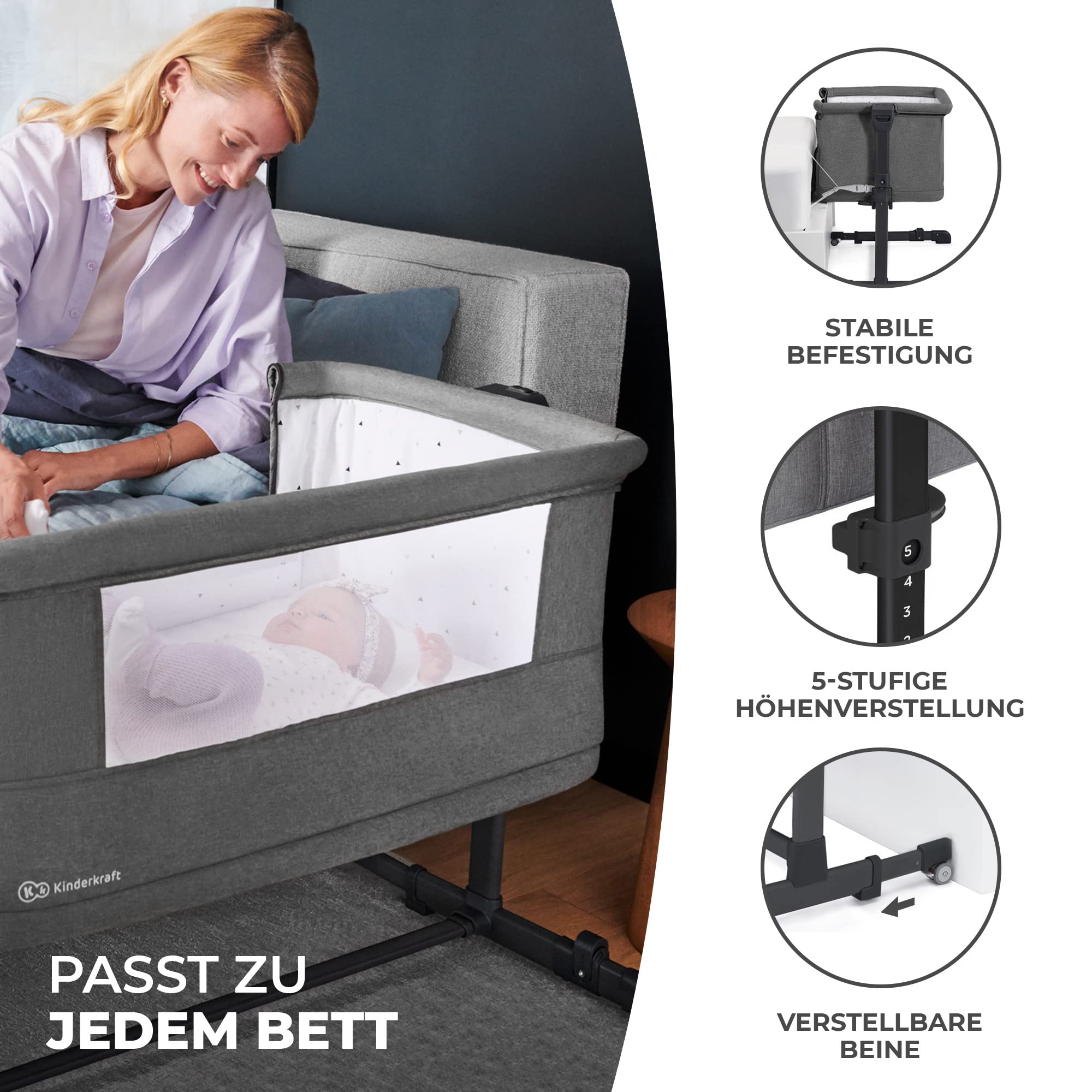 Kinderkraft Neste Grow 3 in 1 Babybett, Beistellbett Baby, Kinderbett ab Geburt für 2 Jahre, mit Matratze Transporttasche Rollen, Höhenverstellung in 5 Stufen, Stahlkonstruktion, Hellgrau