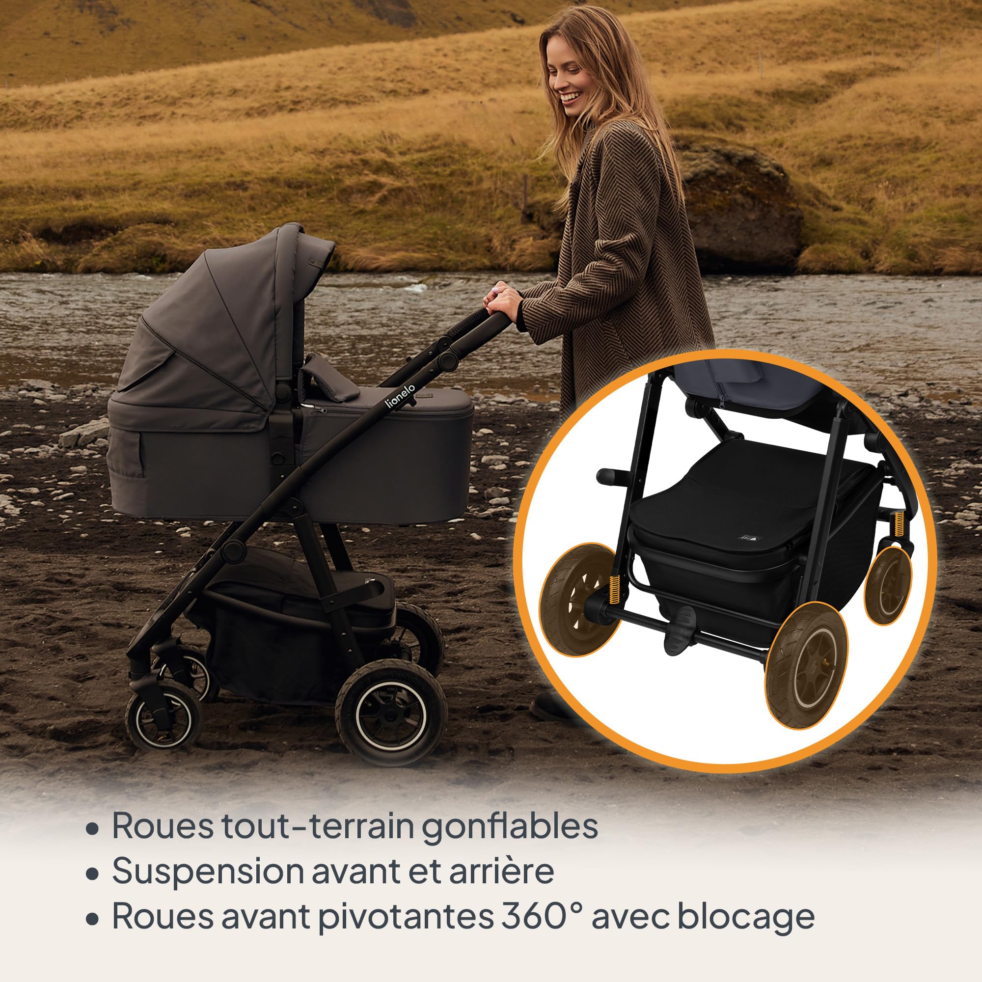 LIONELO AMBER PLUS poussette multifonctionnelle 3 en 1 de 0 à 4 ans jusqu'à 22 kg avec nacelle XL, siège auto jusqu'à 13 kg, dossier réglable, grandes roues tout-terrain 360o, capote XXL (Grey)