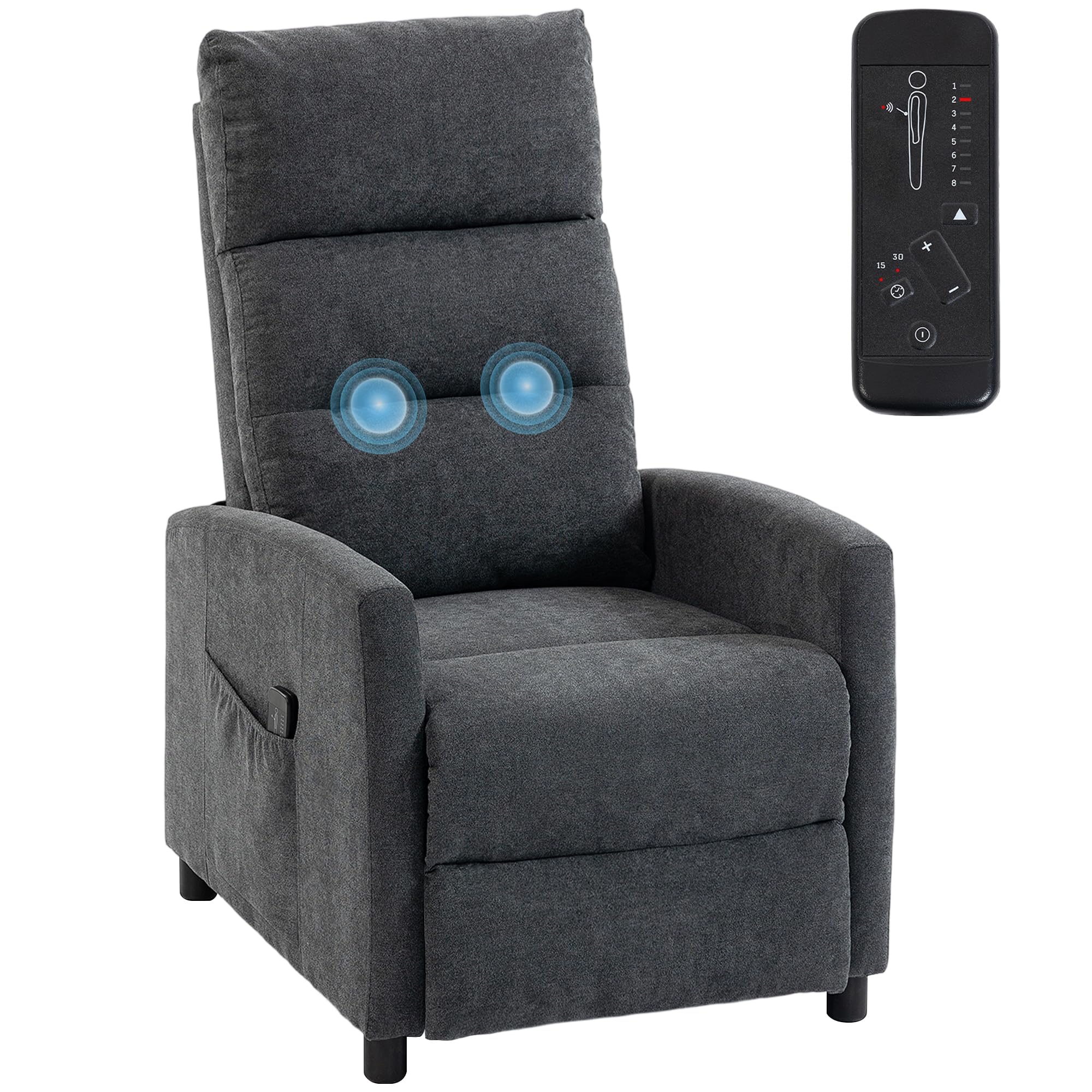 HOMCOM Sillón de Masaje, Sillón Relax Reclinable 160° con Mando a Distancia, Reposapiés, 2 Zonas de Masaje, Respaldo Alto, Asiento de Muelles, Bolsillos, Tapizado en Chenilla, 66x91x108 cm Gris Oscuro