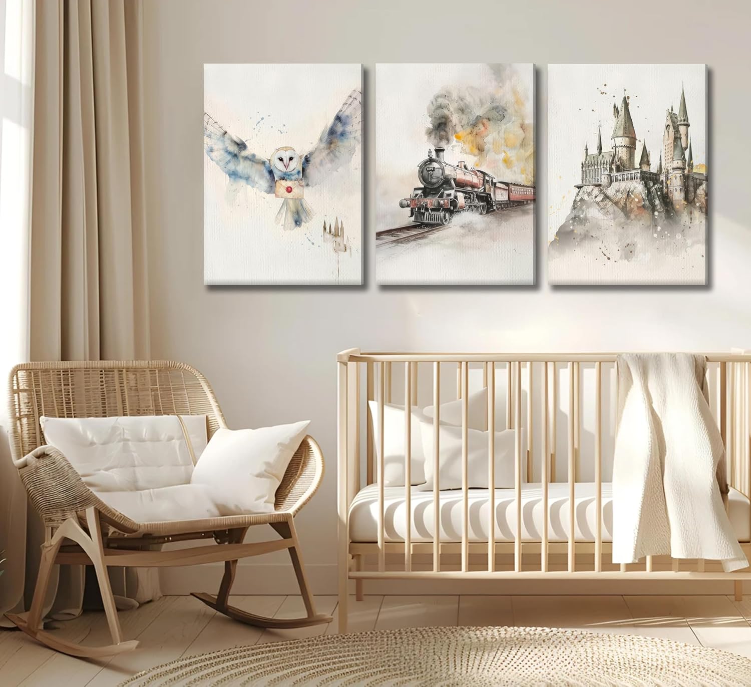 3pcs Magic Nursery Canvas wall art Express train Snowy owl Magic castle Painting Wall Decor Neutral watercolor Poster Print Artwork for Kid Baby Nursery Home Decoration