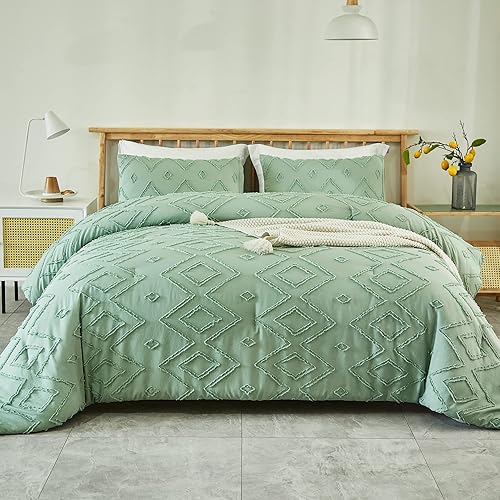 Miniatura 1 de Andency Juego de edredón tamaño matrimonial (79 x 90 pulgadas), juego de ropa de cama verde salvia, diseño copetudo, edredón bohemio de 3 piezas,