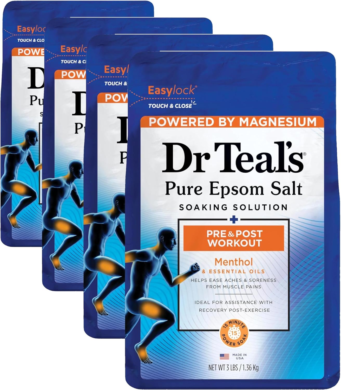 Dr Teal's Epsom Salt Magnesium Soak, Pre & Post Workout with Menthol & Essential Oils, 3 lbs (Pack of 4)