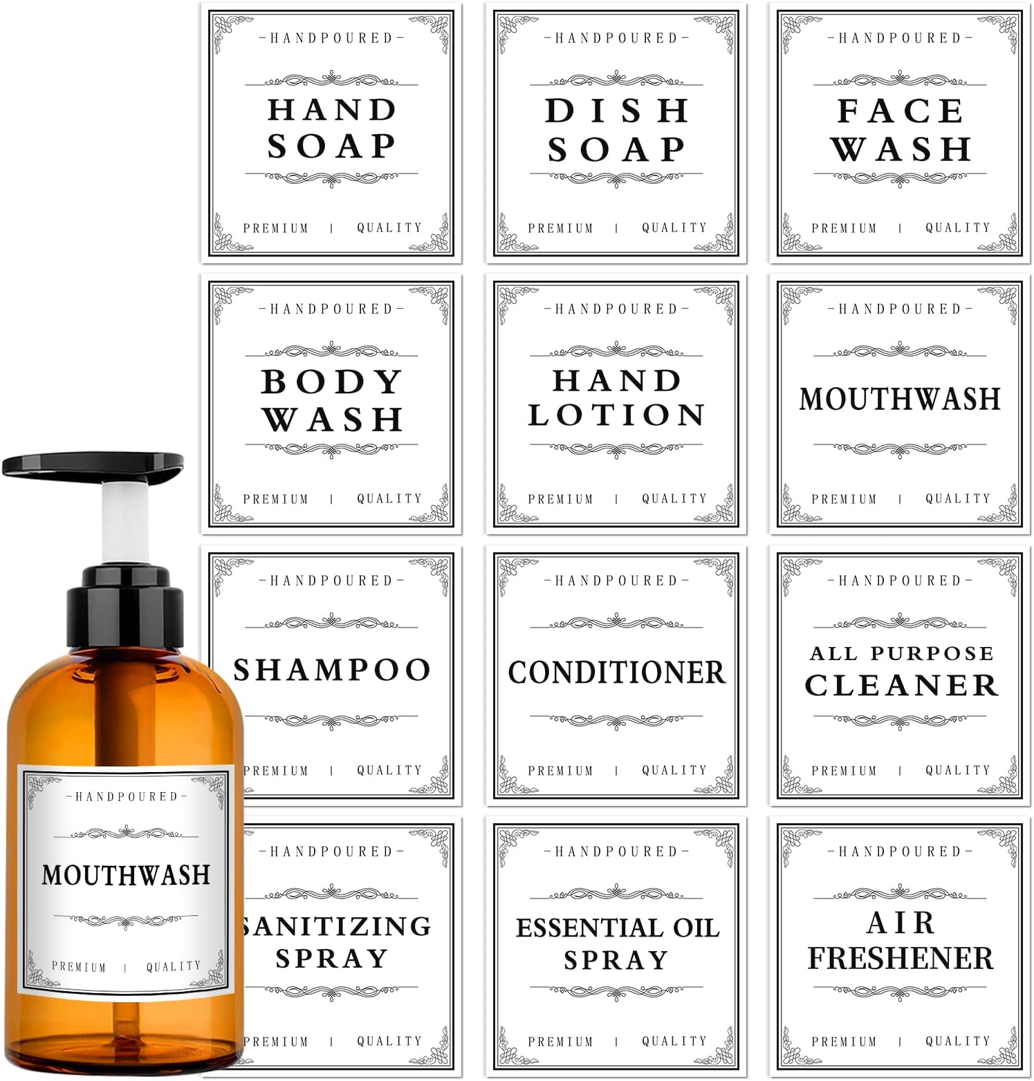 Waterproof Soap Labels for Bottles, Bathroom Hand Soap Dispenser Label Stickers, White Bottle Labels for Soap, Lotion, Shampoo and Conditioner (12PCS)