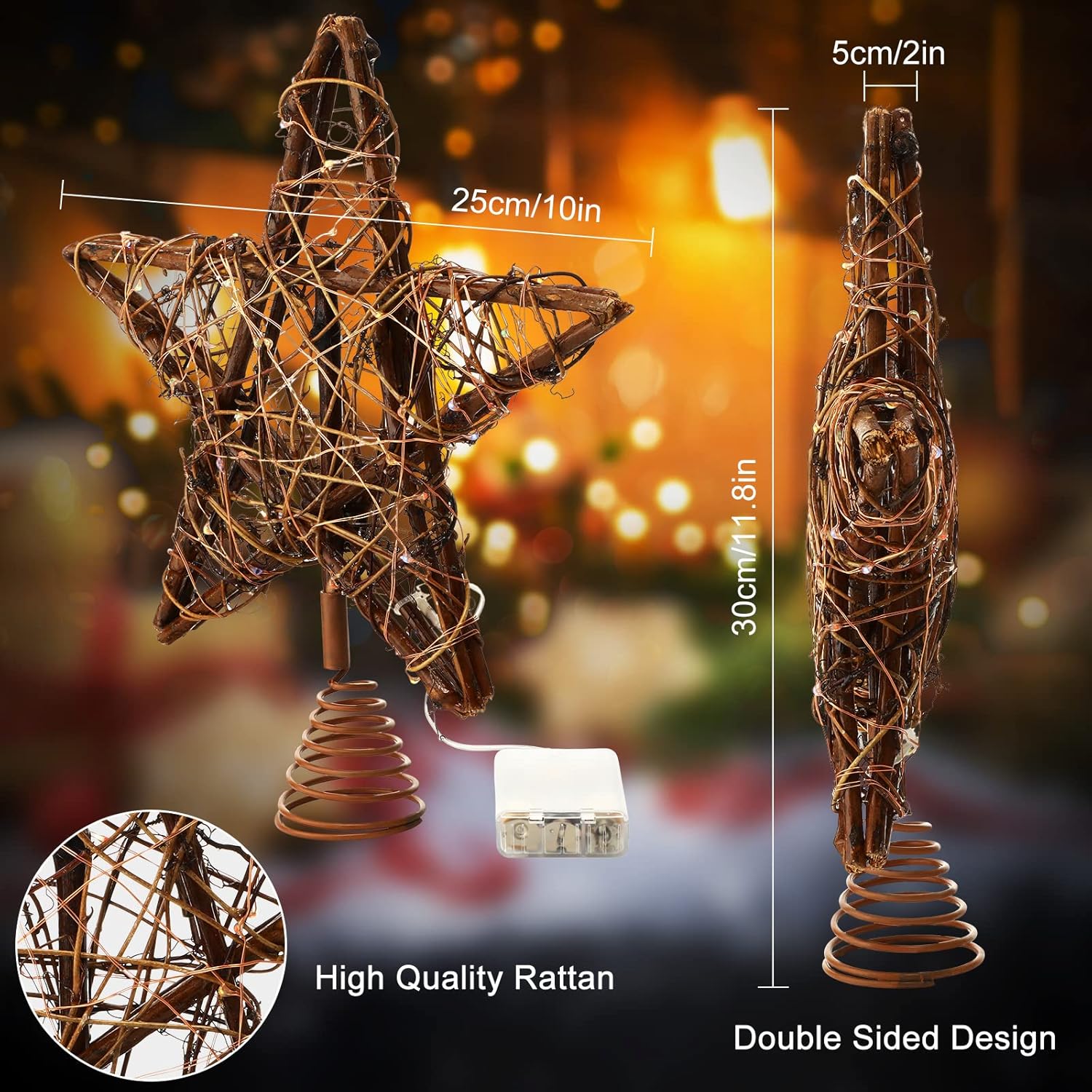 Christmas Star Tree Toppers Rattan Natural Xmas Tree Topper Lighted with 10 Inch 50led Warm White Lights, Rustic Star Treetop for Christmas Ornament Indoor Party Decoration
