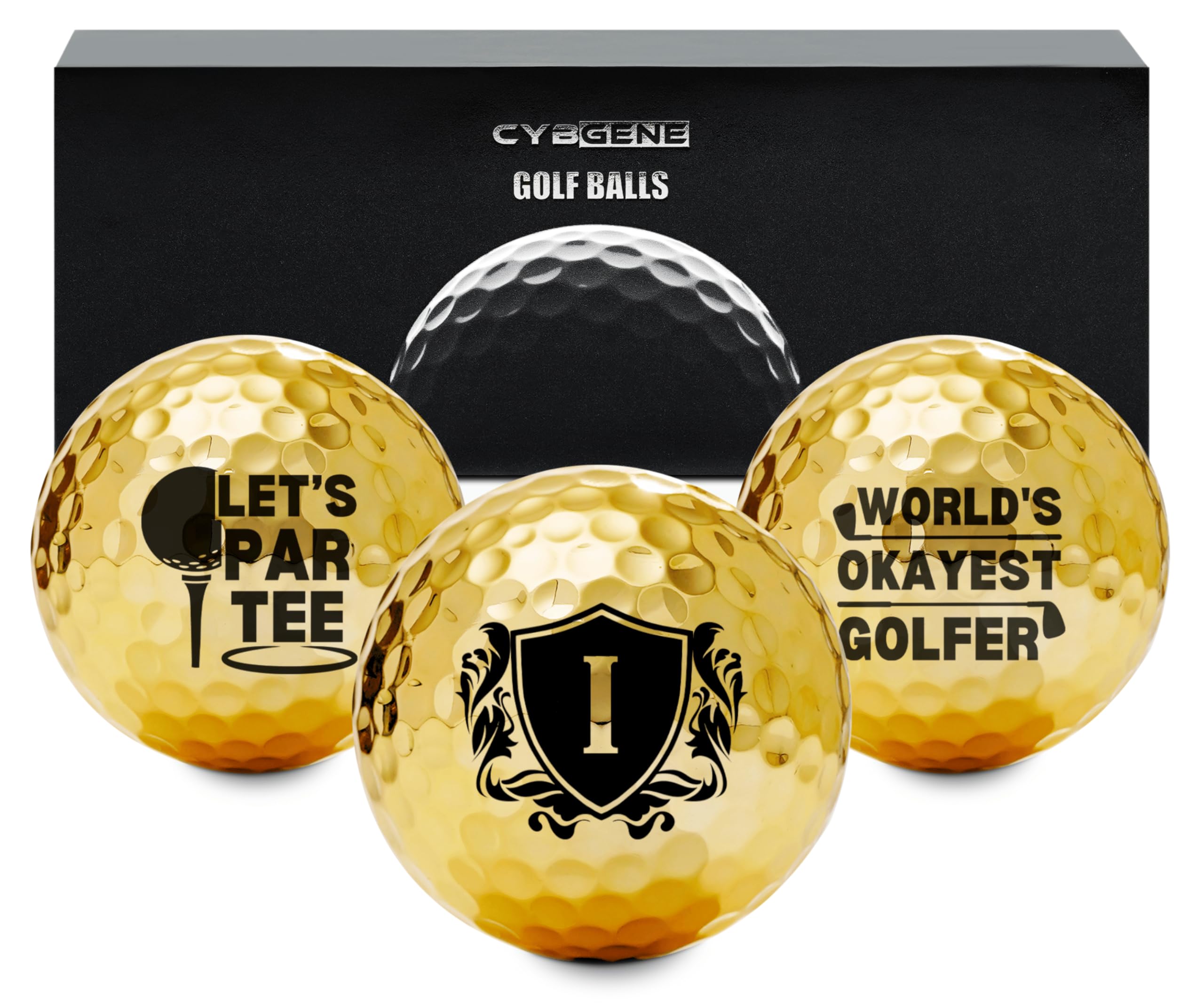 CybGene Funny Golf Gifts for Men Unique, Personalised Gold Golf Balls, Cool Accessories for Golf Lovers, Golfers, for Birthday and Christmas, I