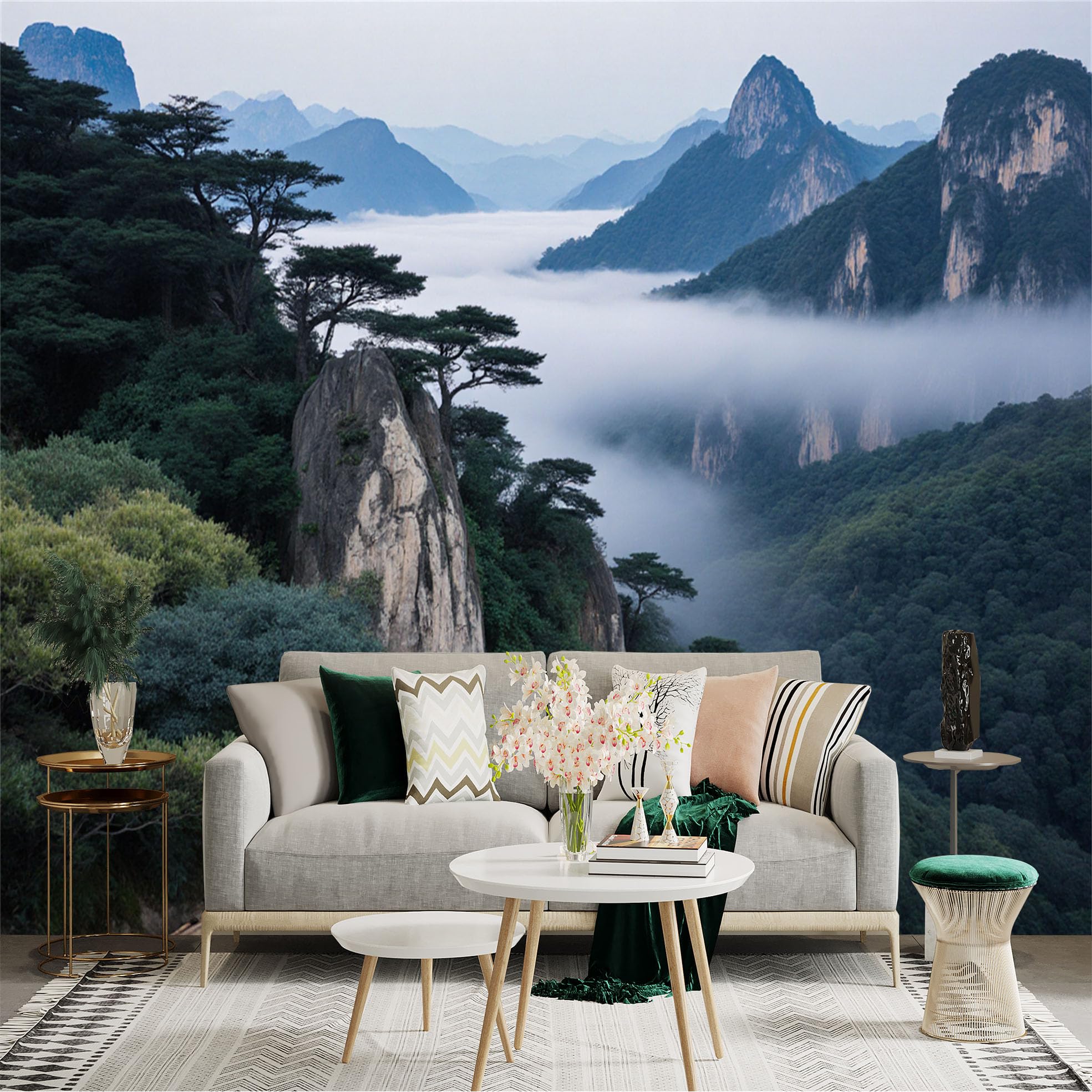 Lnzczhyre Xc260505462 Custom Size Wall Sticker Mural， Misty Mountain Peaks， Ancient Pine Trees， Serene Foggy Valley， Natural Landscape Scenery， For Wall Decoration， Peelandstick Wall Decals.