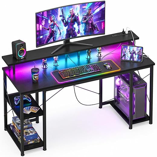Odk 48 inch gaming desk with led lights & power outlets, computer desk with monitor stand & storage sheves, cpu stand, home office desk, black