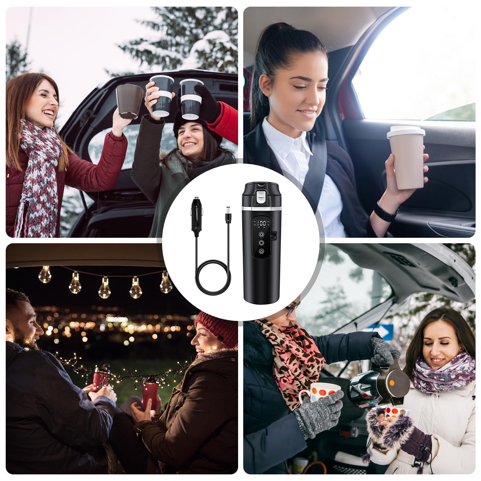 PORFOYO Bollitore elettrico per auto, tazza da viaggio 24V/12V, bollitore elettrico da 500 ml, nero, in acciaio inox, con display per auto e viaggi