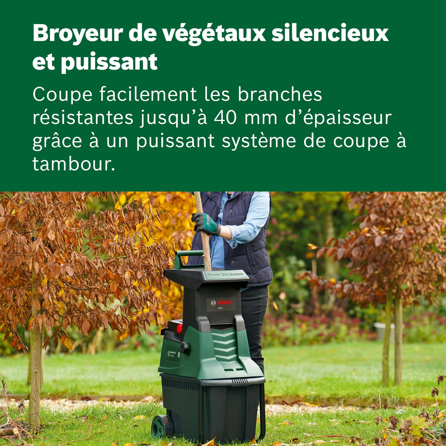 Bosch Broyeur de jardin silencieux - AXT 25 D | 2 500 W ; conçu pour le bois et les arbustes épineux ; bac de ramassage intégré de 53 L