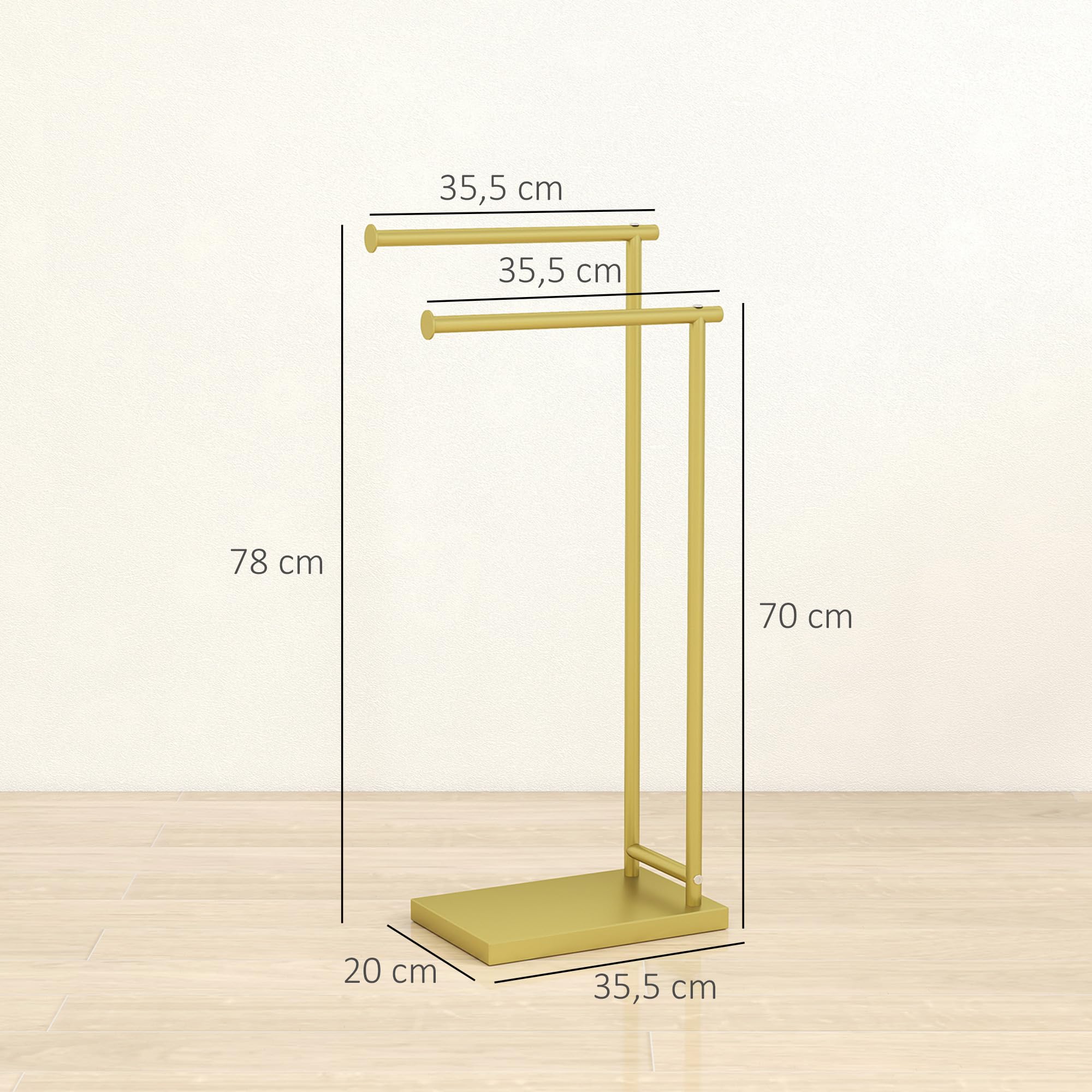 HOMCOM Porte-serviettes sur pied à 2 niveaux avec 2 barres 35,5 x 20 x 78 cm Doré | Porte-serviettes échelle de salle de bain, cadre métallique, style moderne, en forme de L