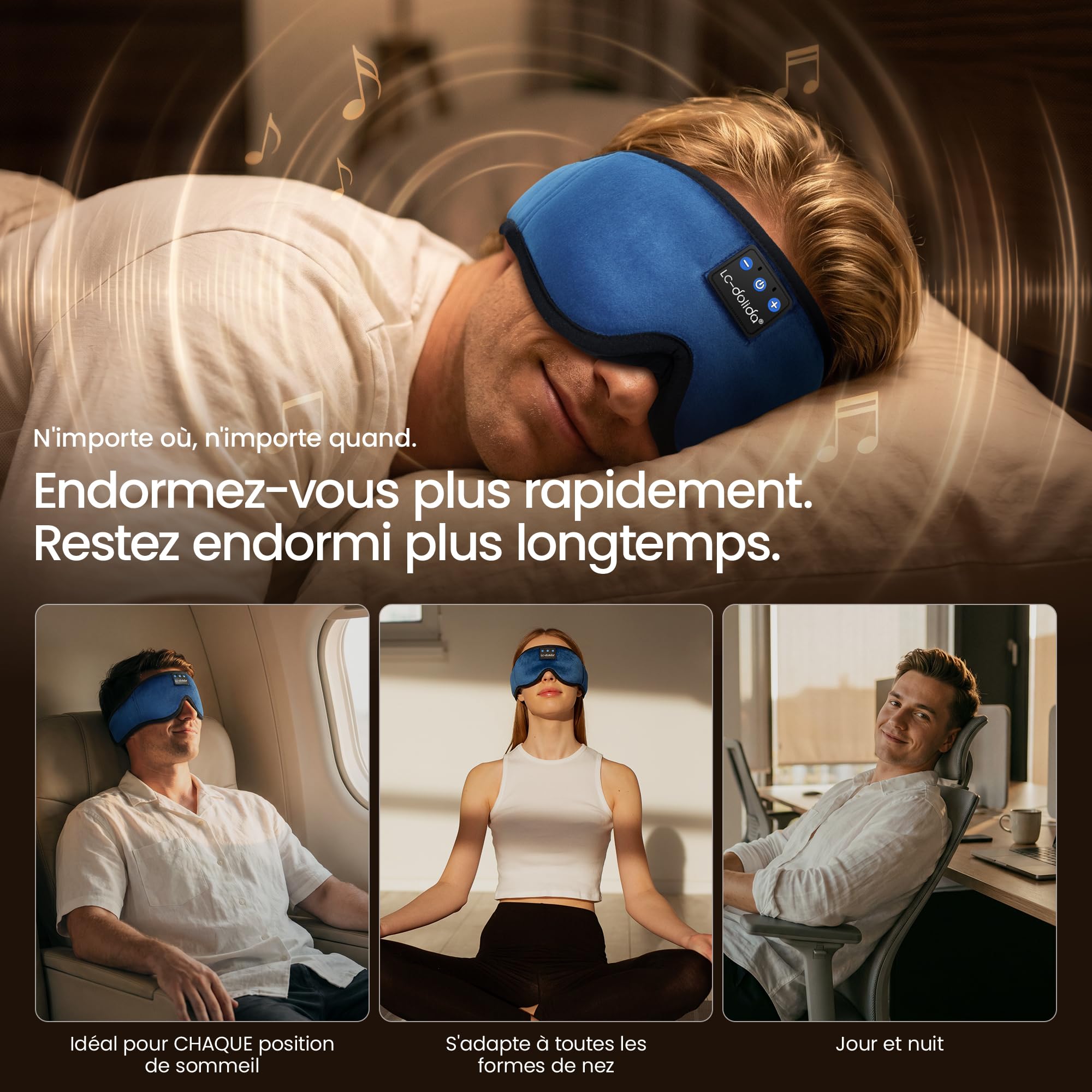 LC-dolida Masque de Sommeil avec écouteurs Bluetooth V5.4, Masque de Nuit Sans Fil peut Jouer 15 Heures Casque de Sommeil Bluetooth pour les Voyages,la Sieste, le Travail Posté