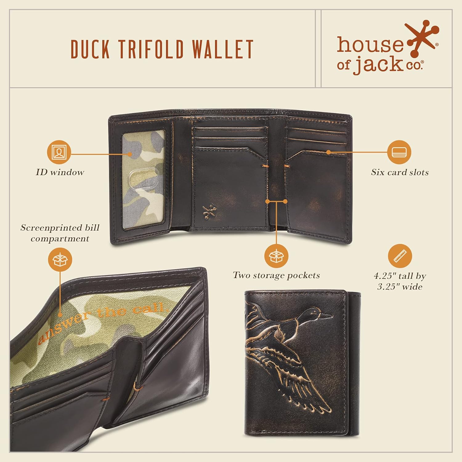 House of Jack Co. Duck Trifold Wallet for Men and Outdoorsmen with Camou Lining, Full Grain Cowhide Leather Wallet, Black - Image 4
