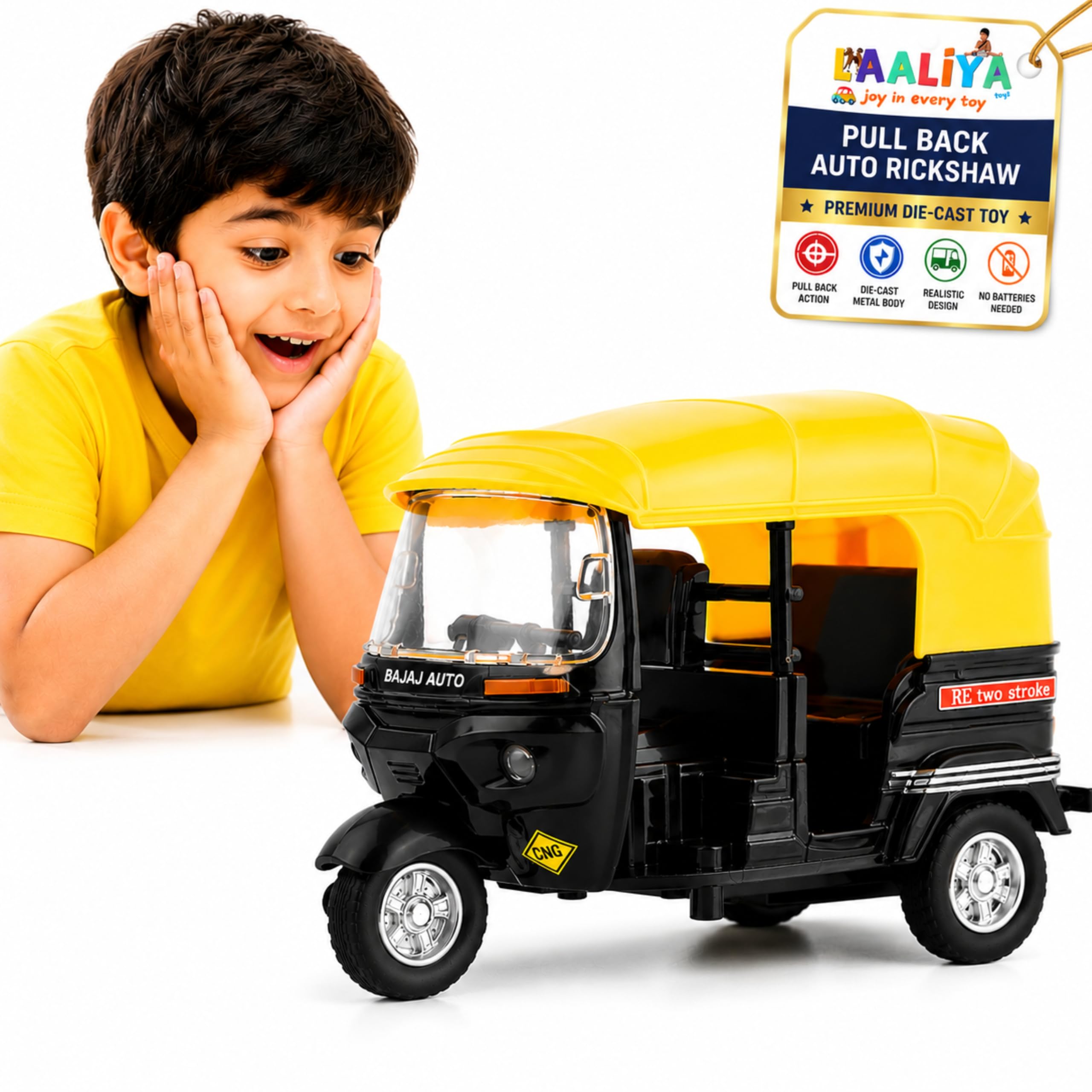 Metal Auto Rickshaw Toy Vehicle – 1:14 Scale Miniature Tuk Tuk with Pull Back Action | Die-Cast Indian Rickshaw Model | Durable Plastic Body – Multicolor Toy (Color May Vary)-image-0