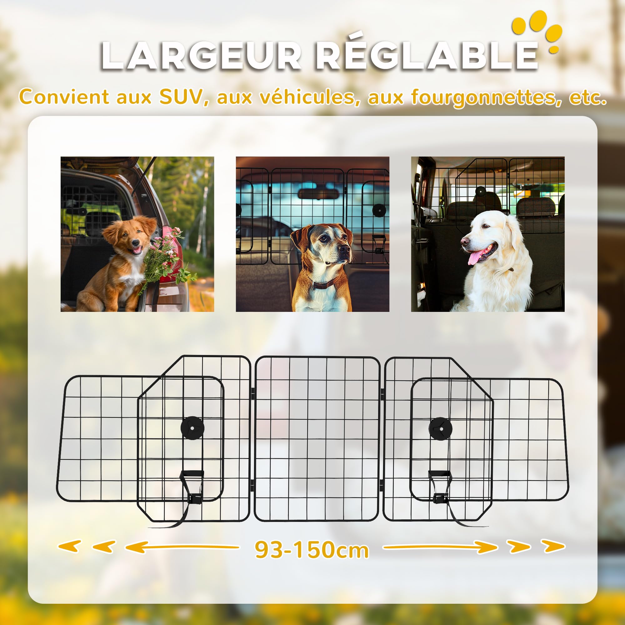 PawHut Grille de Séparation pour Chien Voiture Pliable, Largeur Ajustable 93-150 cm, Universelle pour Appui-tête, Noir