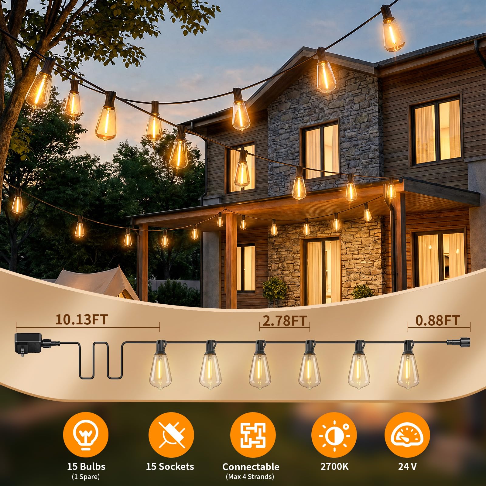 Hotsonic - Cadena de luces LED de control remoto para exteriores, impermeable, 50 pies con bombillas inastillables, luces colgantes regulables, 3 modos para patio, porche, jardín, pérgola patio, casa