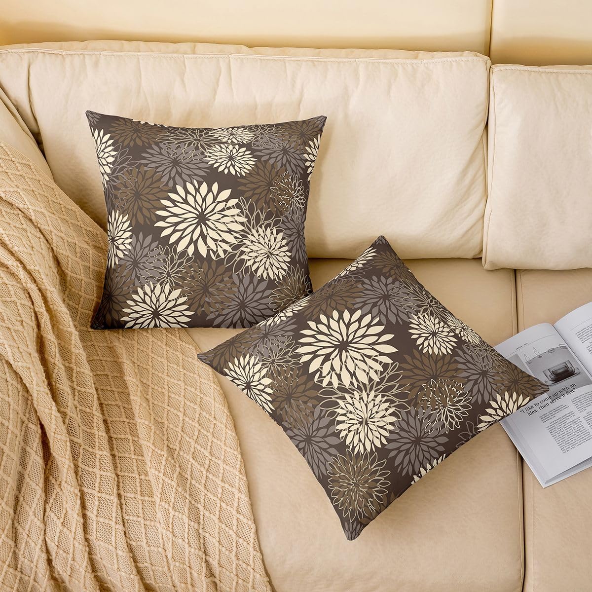 Homemissing Boho Floreale Federa per Cuscino Set di 4 Dalia Floreali Federe Quadrate Federe Farmeri Marrone Scuro Copricuscino per Divano Divano Camera da Letto Decorazione 45 x 45 cm