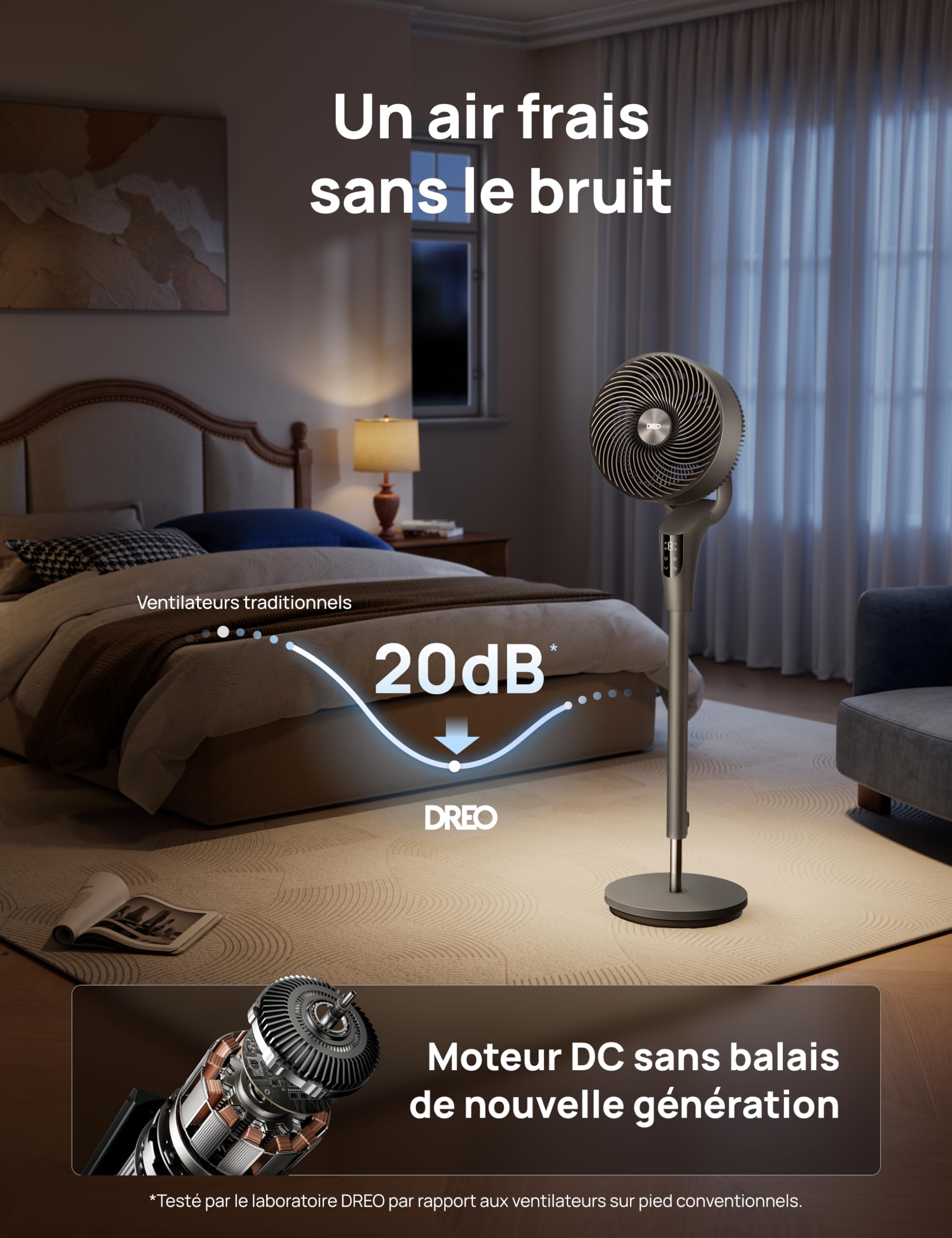 DREO Ventilateur sur Pied Silencieux pour Chambre [Amélioré], Flux d’Air 27m, 20dB, Oscillation 90°, Moteur DC, 8 Vitesses, 3 Modes, Hauteur 96–106 cm, Minuterie 8H, Inclinaison 105°
