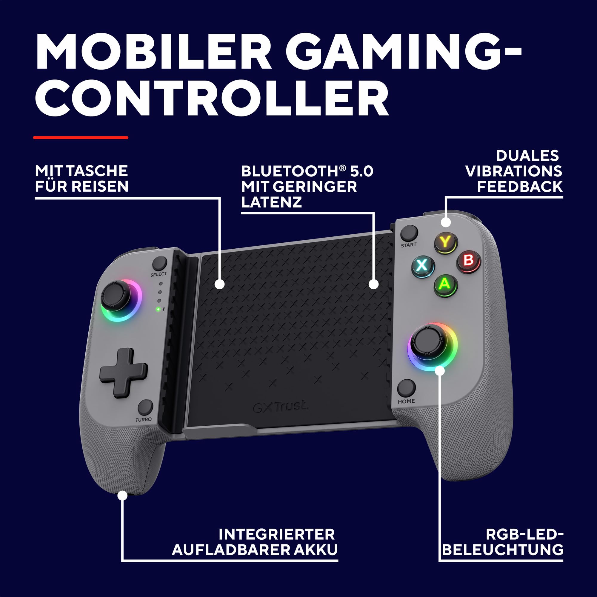Trust Gaming GXT 735G Mylox Bluetooth Handy Controller für Iphone/Android /PS5 /Xbox, 12 Stunden Spielzeit, Dual-Feedback-Vibration, RGB-Beleuchtung, Handheld Wireless Gamepad, Mobile Gaming, Grau