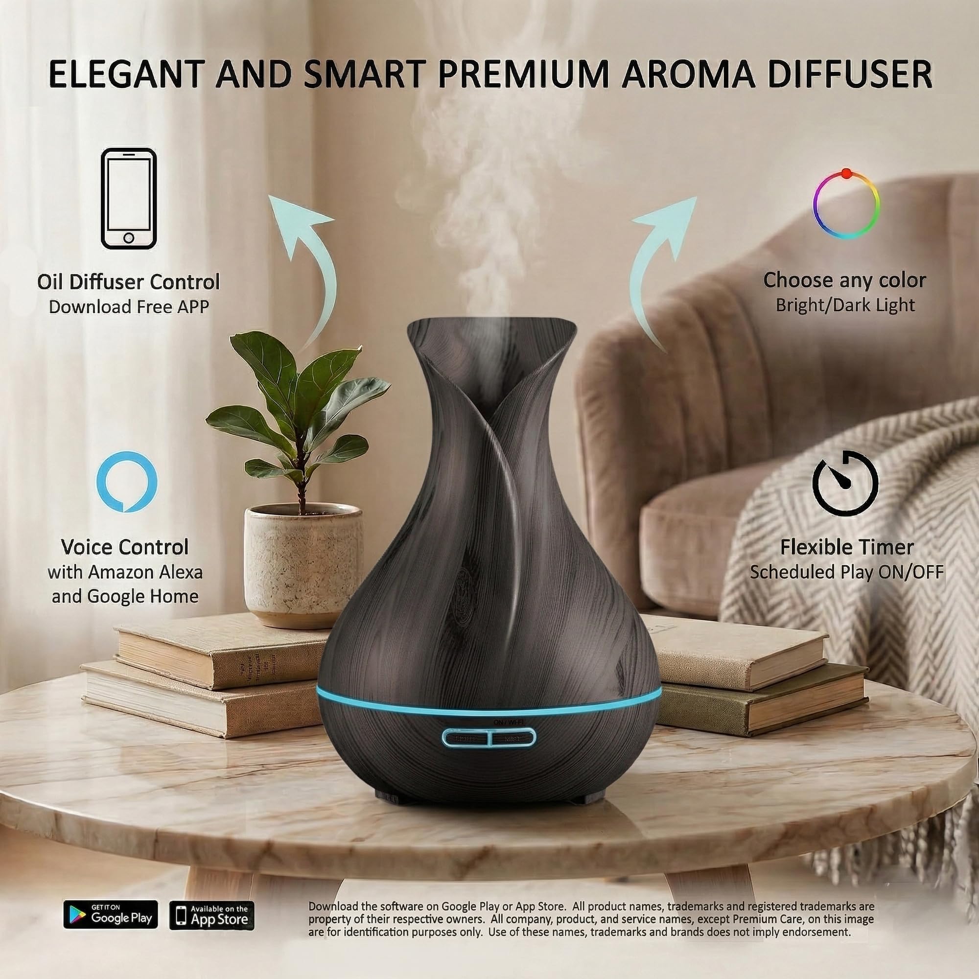 Sierra Modern Home Smart WiFi Humidifier - Aromatherapy Essential Oil Diffusers with App Control & Voice Control - Works with Alexa & Google Home - 400ml Ultrasonic Diffuser & Humidifier -: Dark Brown