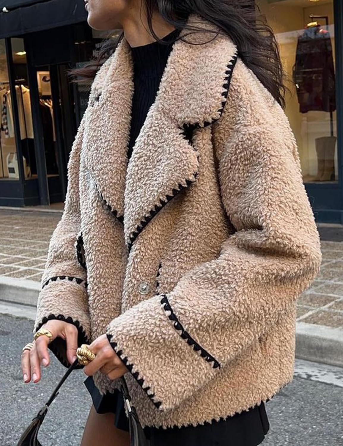 Kissonic Women's Winter Casual Sherpa Jacket Fuzzy Sherpa Fleece Coats Long Sleeve Spliced Lapel Loose Outwear - Image 6