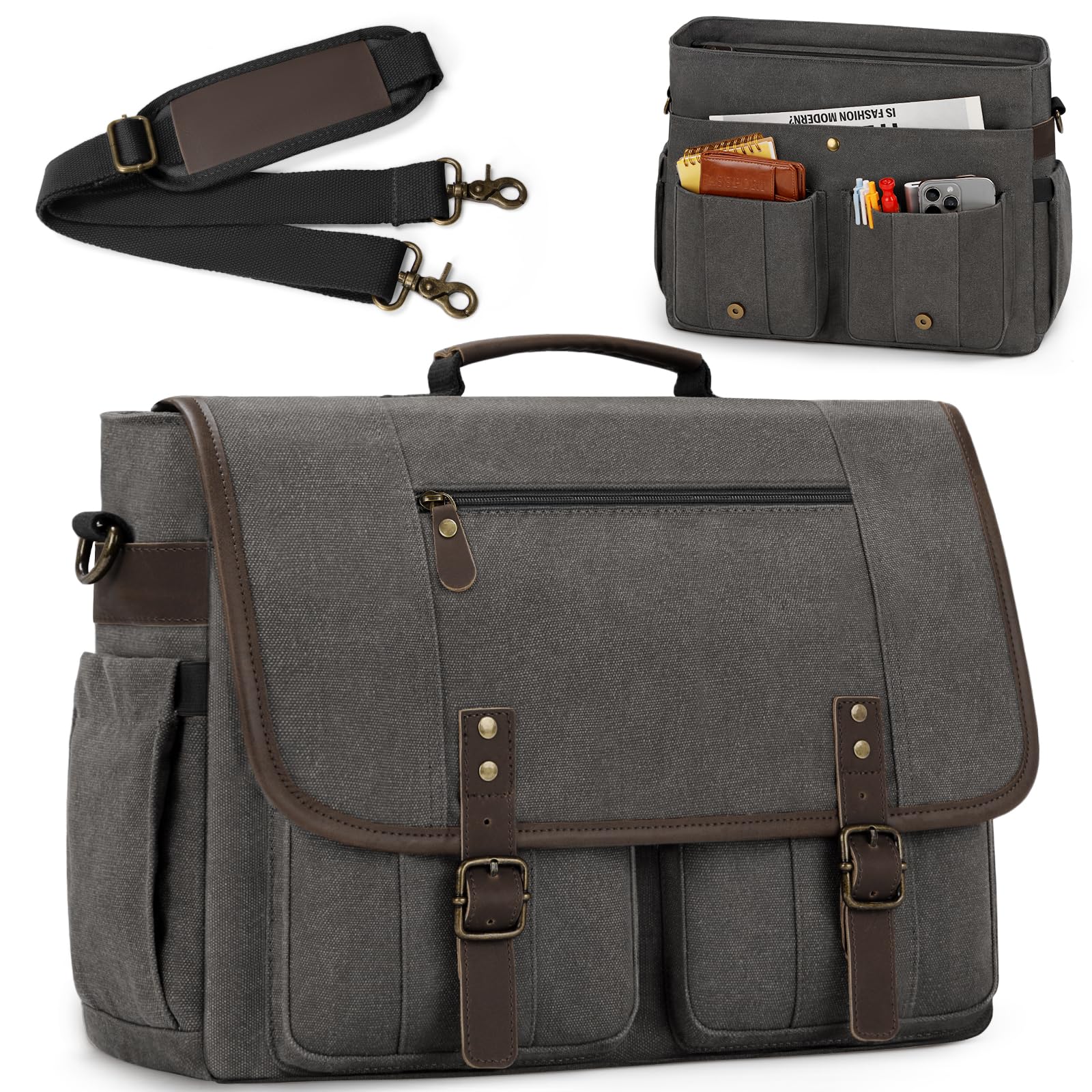RAINSMORE Mens Messenger Bag 17-17 3 Inch Vintage Canvas Briefcase Water-resistant Large Computer Laptop Bag Rugged Satchel Shoulder