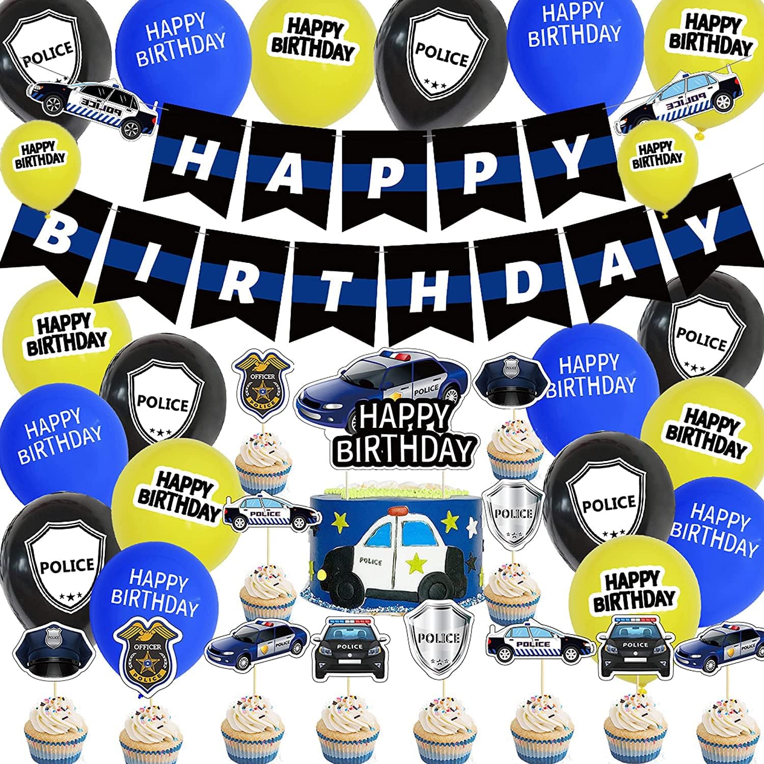 000 Police Birthday Party Decorations Balloons Cake Decorations Happy Birthday Banner Party Balloons Cupcake Toppers for Kids Theme Birthday Party Decorations Baby Shower Birthday Gifts