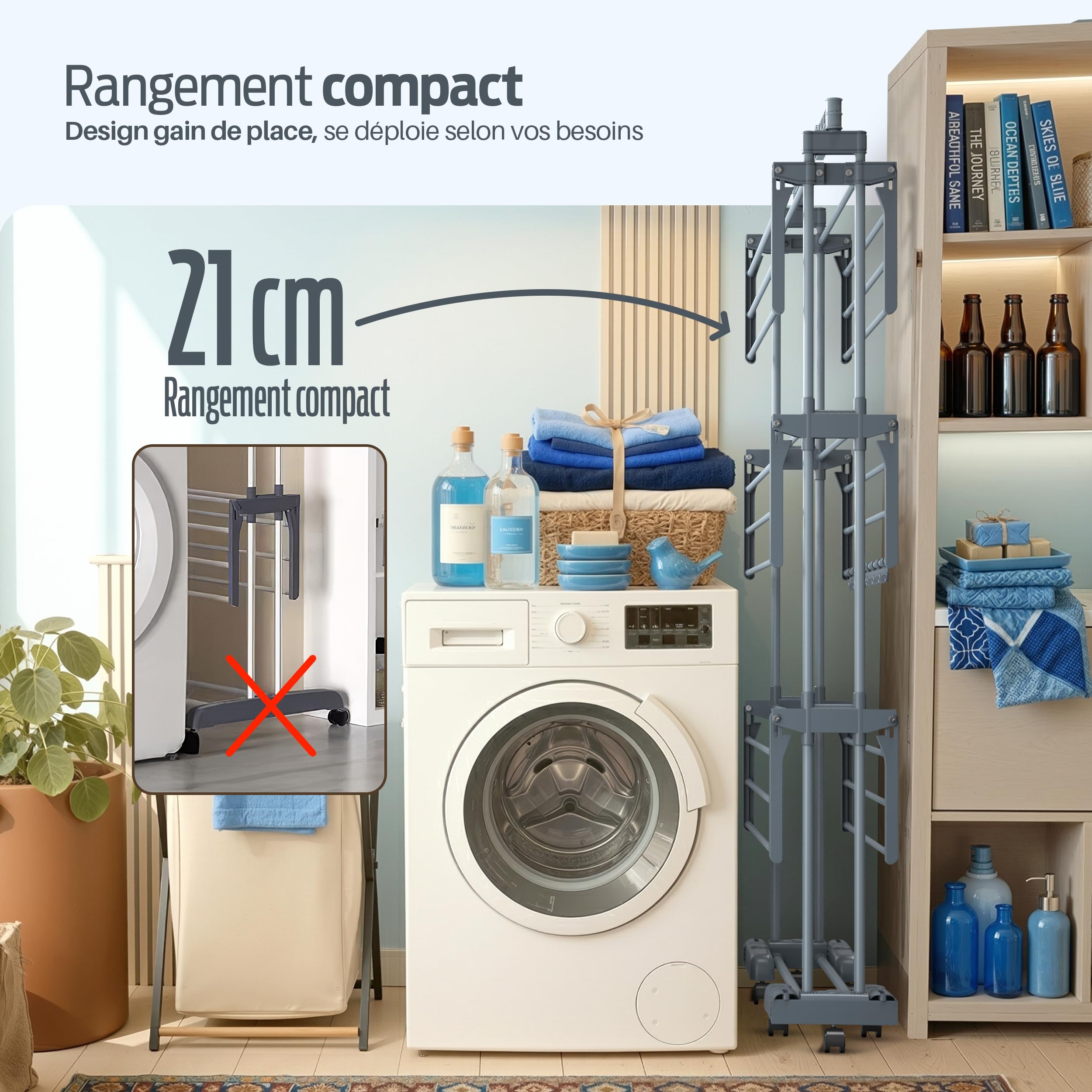 PORTENTUM Etendoir Linge Interieur et Exterieur Pliable avec 4 Niveaux et 24 Barres de séchage – Jusqu’à 40 kg – Seche Linge avec 2 Accessoires pour Chaussettes – roulettes pivotantes avec Frein