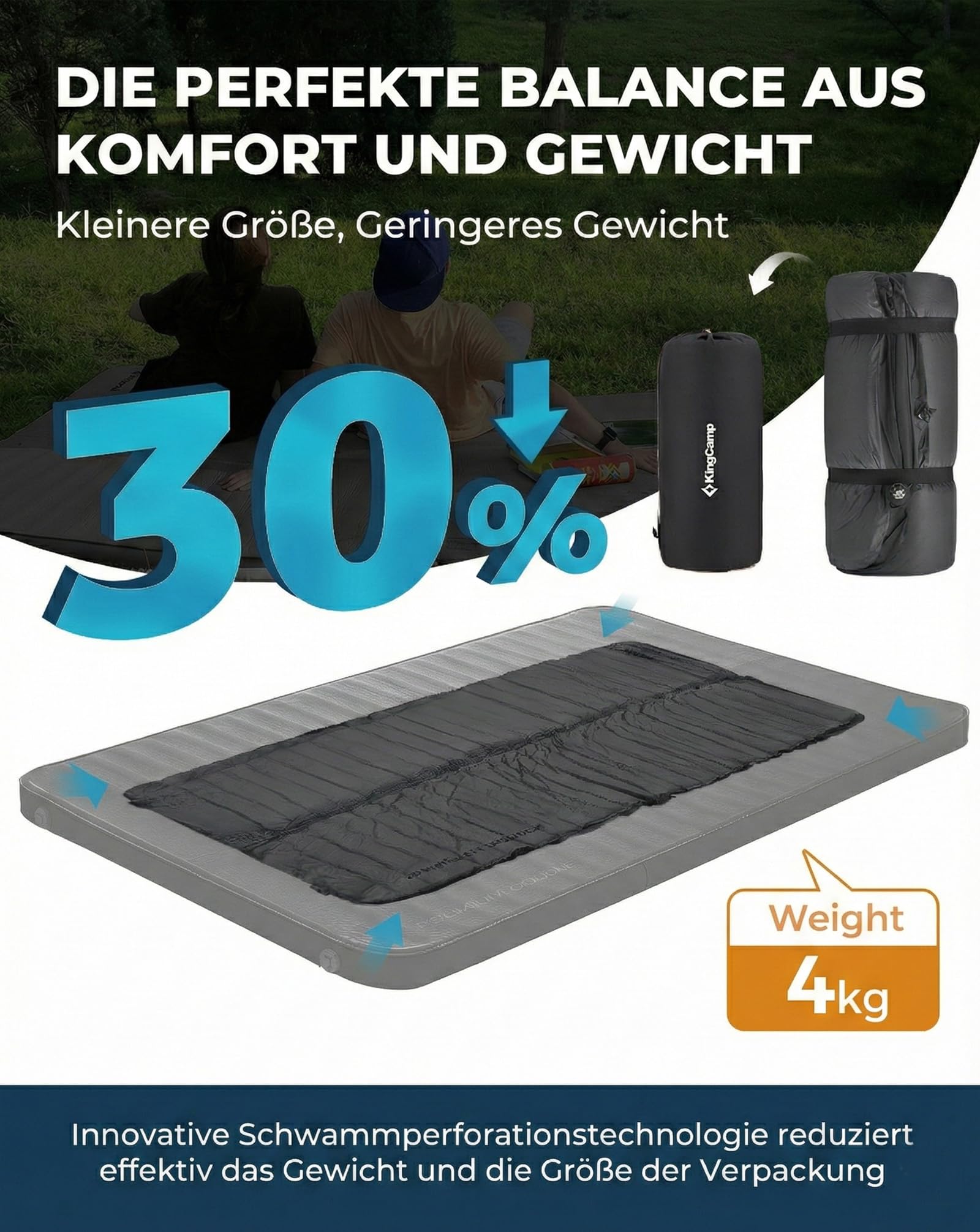 KingCamp Podwójny samopompujący materac kempingowy - niezrównane wsparcie i najwyższy komfort, grubość 7,5 cm, ściany 3D, 4 pory roku R7.5, kompaktowy do glampingu
