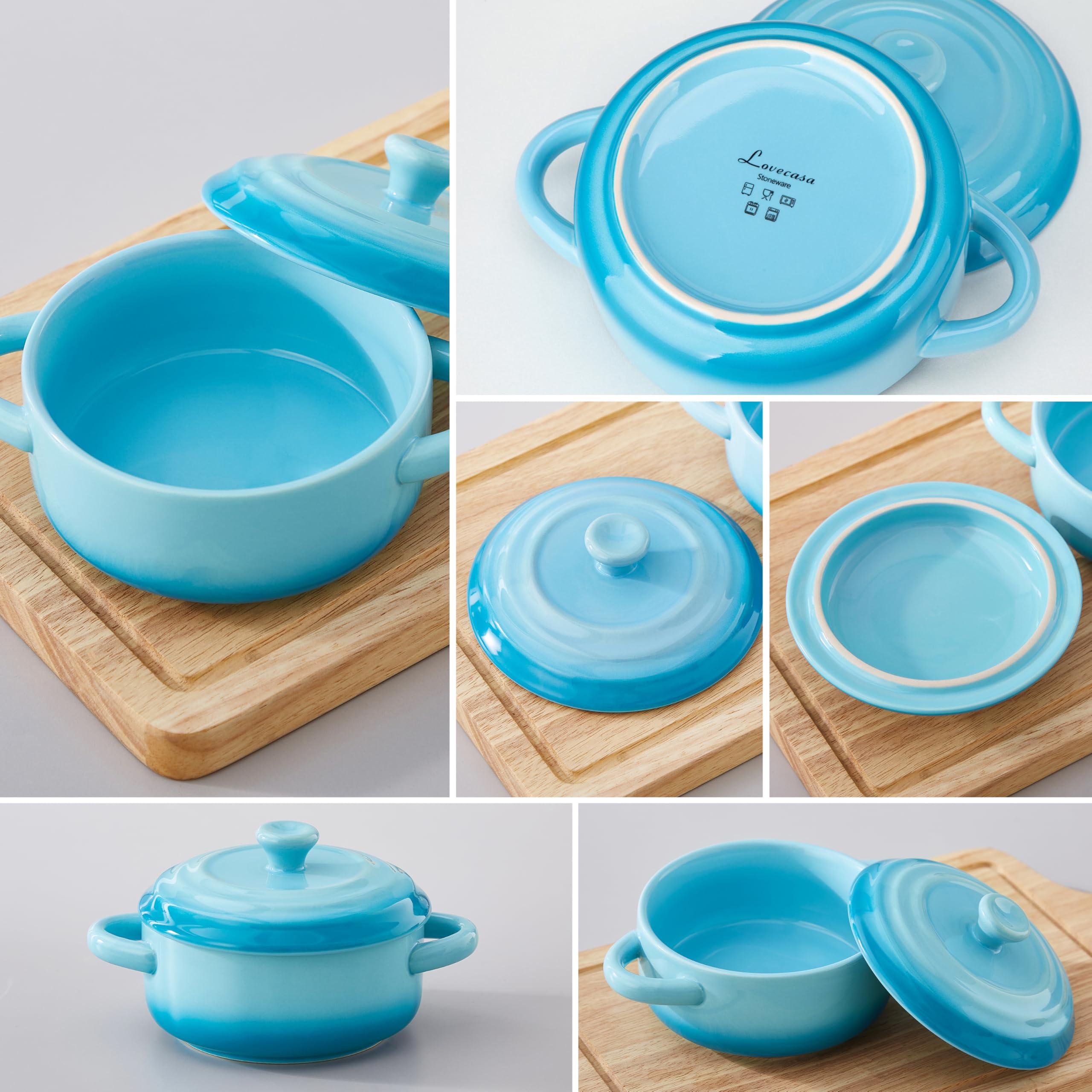 LOVECASA Mini Cócotte 380 ml 12 x 5,1 cm con Tapa Juego de 4 Cazuelas de Barro para Hornear Cazuelitas Redondas con 2 Asas Moldes para Hornear Pasteles, Moldes de Gres, Azul Gradual