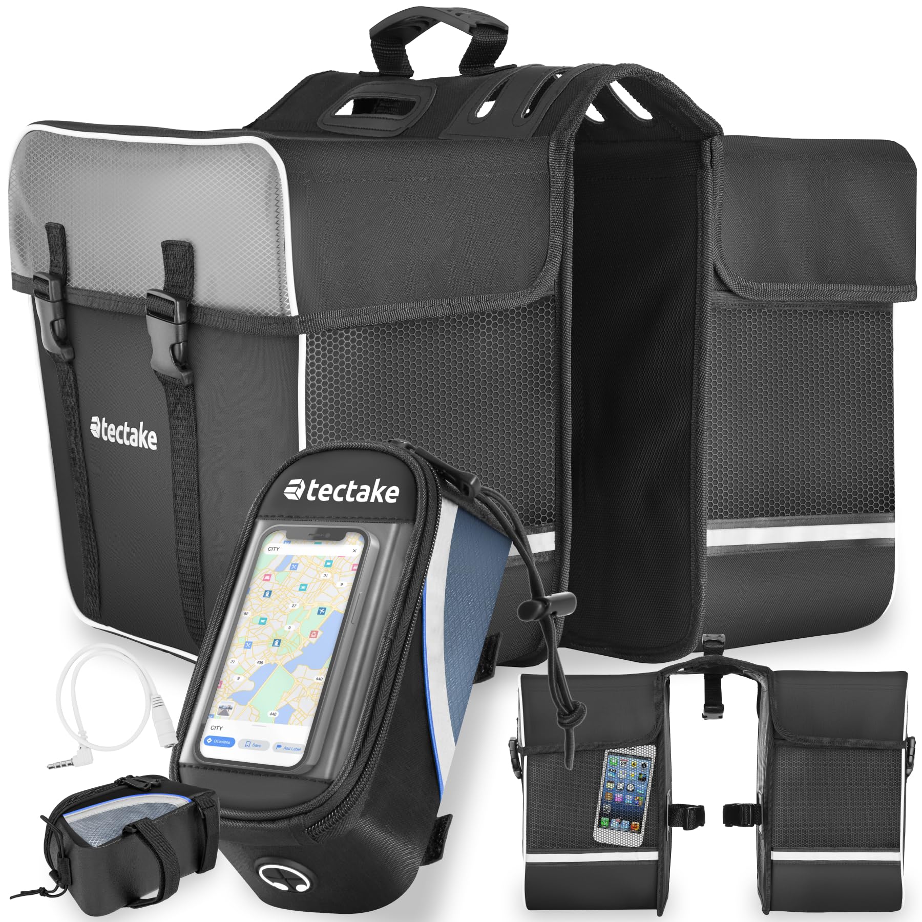 tectake® Ensemble Double Sacoche Velo Porte Bagages avec Bandes réfléchissantes et Sacoche de Cadre Support Téléphone Velo, Sacoches déperlantes pour Vélo électrique, Vélo, VTT, Cyclisme Sport Voyage
