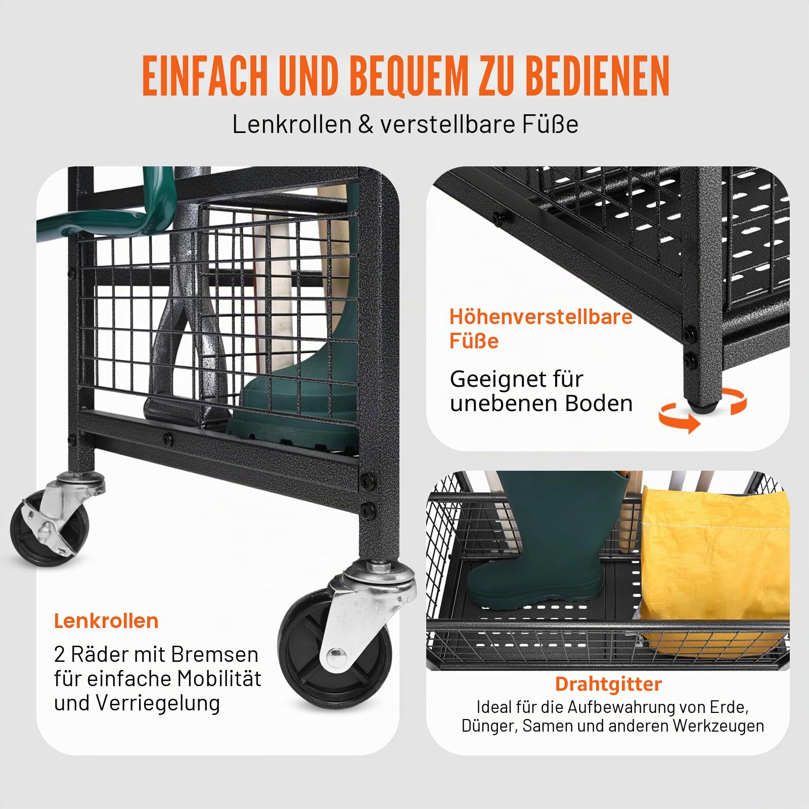VEVOR Gartengeräte Ständer 652x403x990 mm Kohlenstoffstahl 16 Schlitzen 18 Haken Gartenwerkzeug Halter